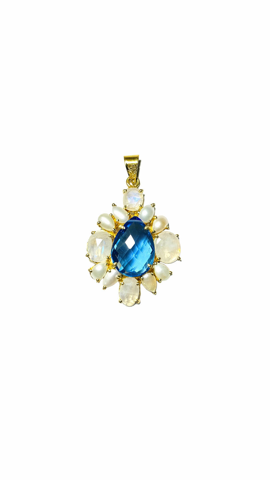 925 Sterling Silver Gold Plated Blue Topaz & Rainbow Moonstone Floral Pendant | Natural Gemstone Statement Jewelry for Women | Gift for Her Mom Wife Girlfriend