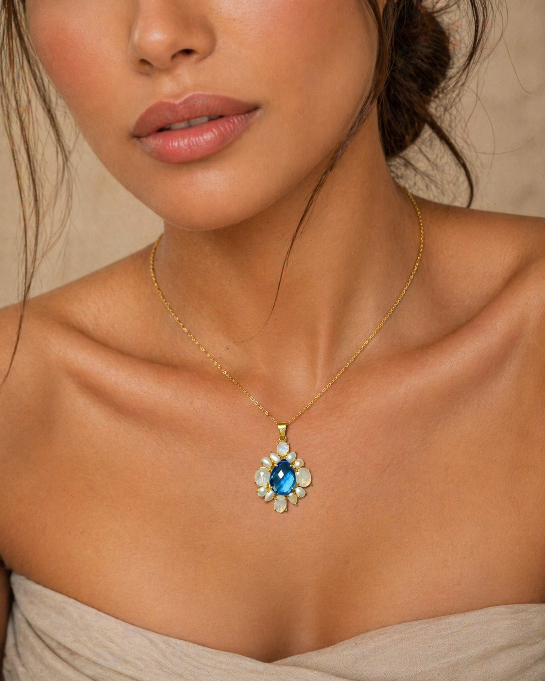925 Sterling Silver Gold Plated Blue Topaz & Rainbow Moonstone Floral Pendant | Natural Gemstone Statement Jewelry for Women | Gift for Her Mom Wife Girlfriend