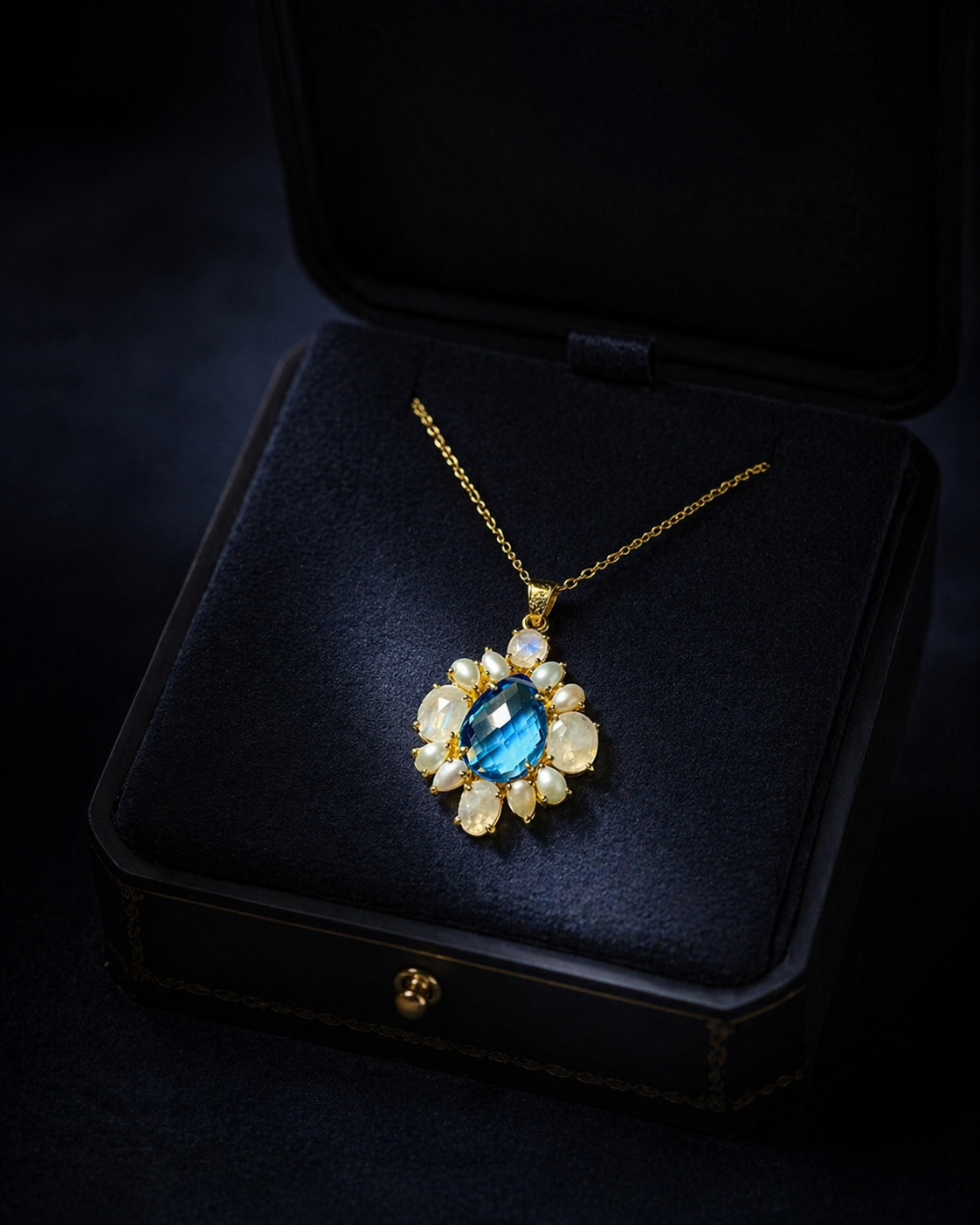 925 Sterling Silver Gold Plated Blue Topaz & Rainbow Moonstone Floral Pendant | Natural Gemstone Statement Jewelry for Women | Gift for Her Mom Wife Girlfriend