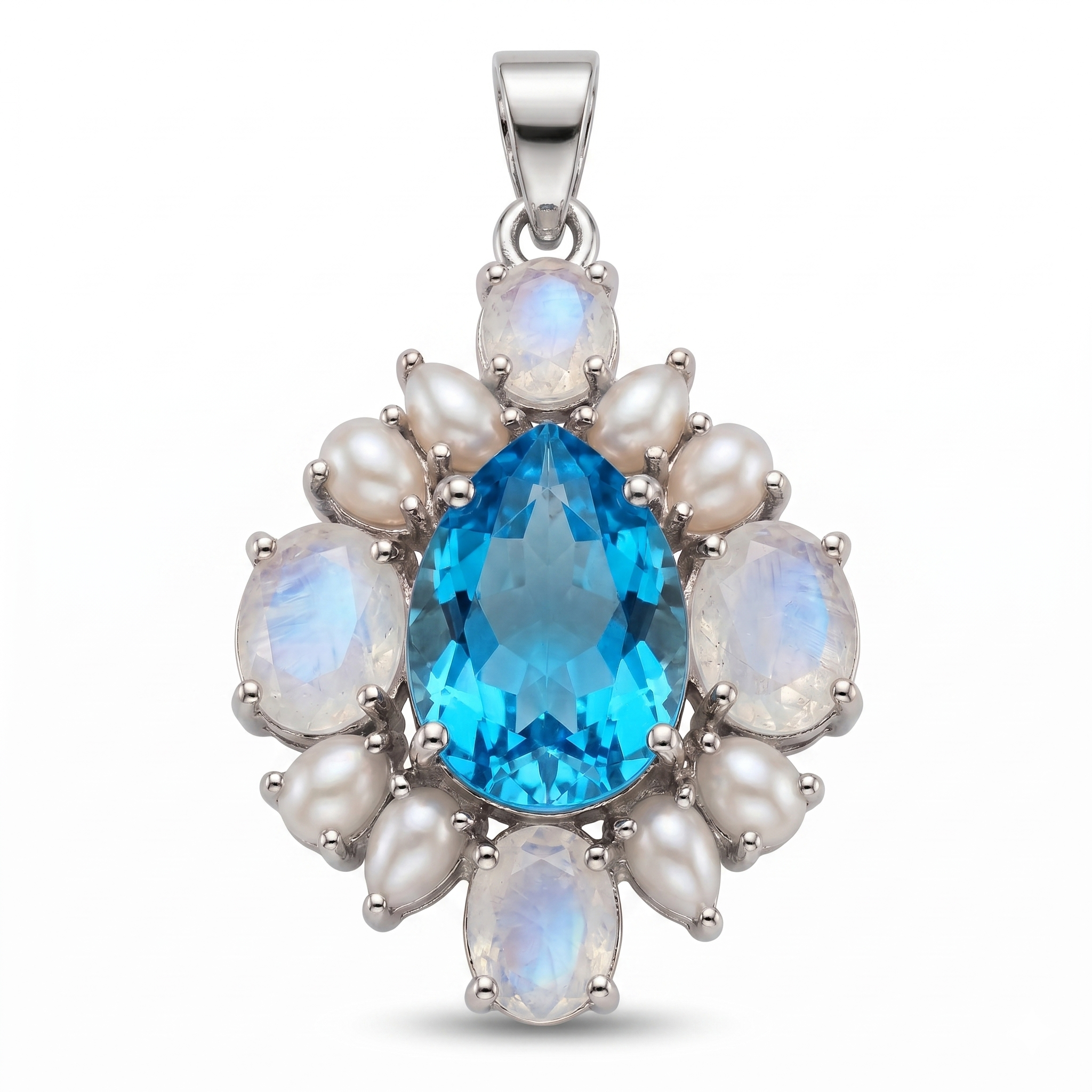 925 Sterling Silver Gold Plated Blue Topaz & Rainbow Moonstone Floral Pendant | Natural Gemstone Statement Jewelry for Women | Gift for Her Mom Wife Girlfriend