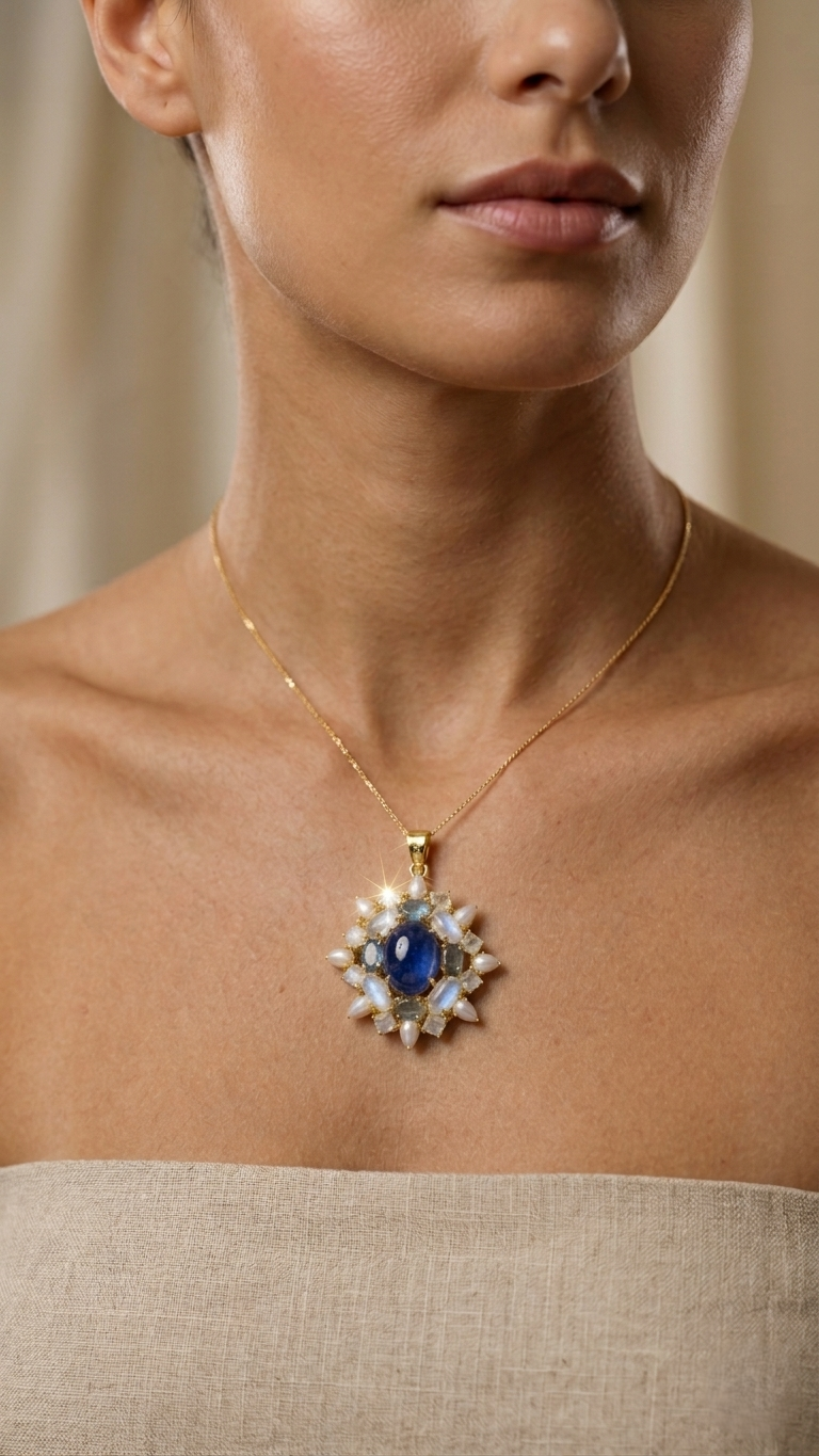 925 Sterling Silver Gold Plated Natural Blue Kyanite, Rainbow Moonstone & Pearl Pendant | Handmade Floral Statement Gemstone Jewelry for Women | Gift for Her Mom Wife