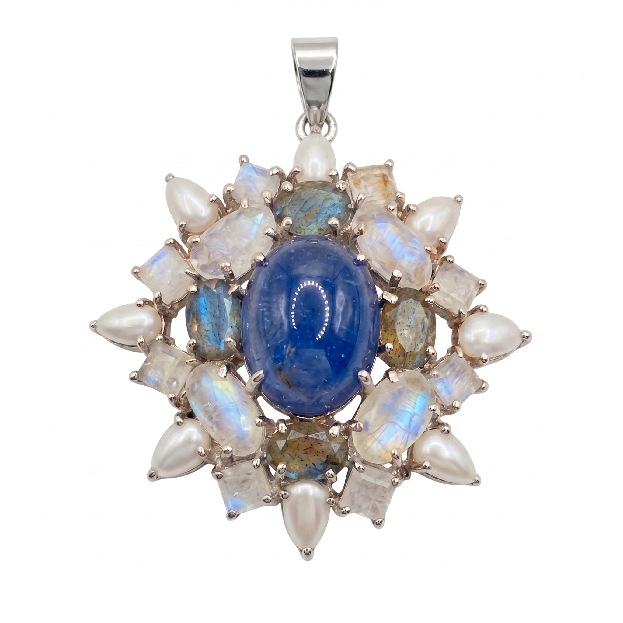 925 Sterling Silver Gold Plated Natural Blue Kyanite, Rainbow Moonstone & Pearl Pendant | Handmade Floral Statement Gemstone Jewelry for Women | Gift for Her Mom Wife