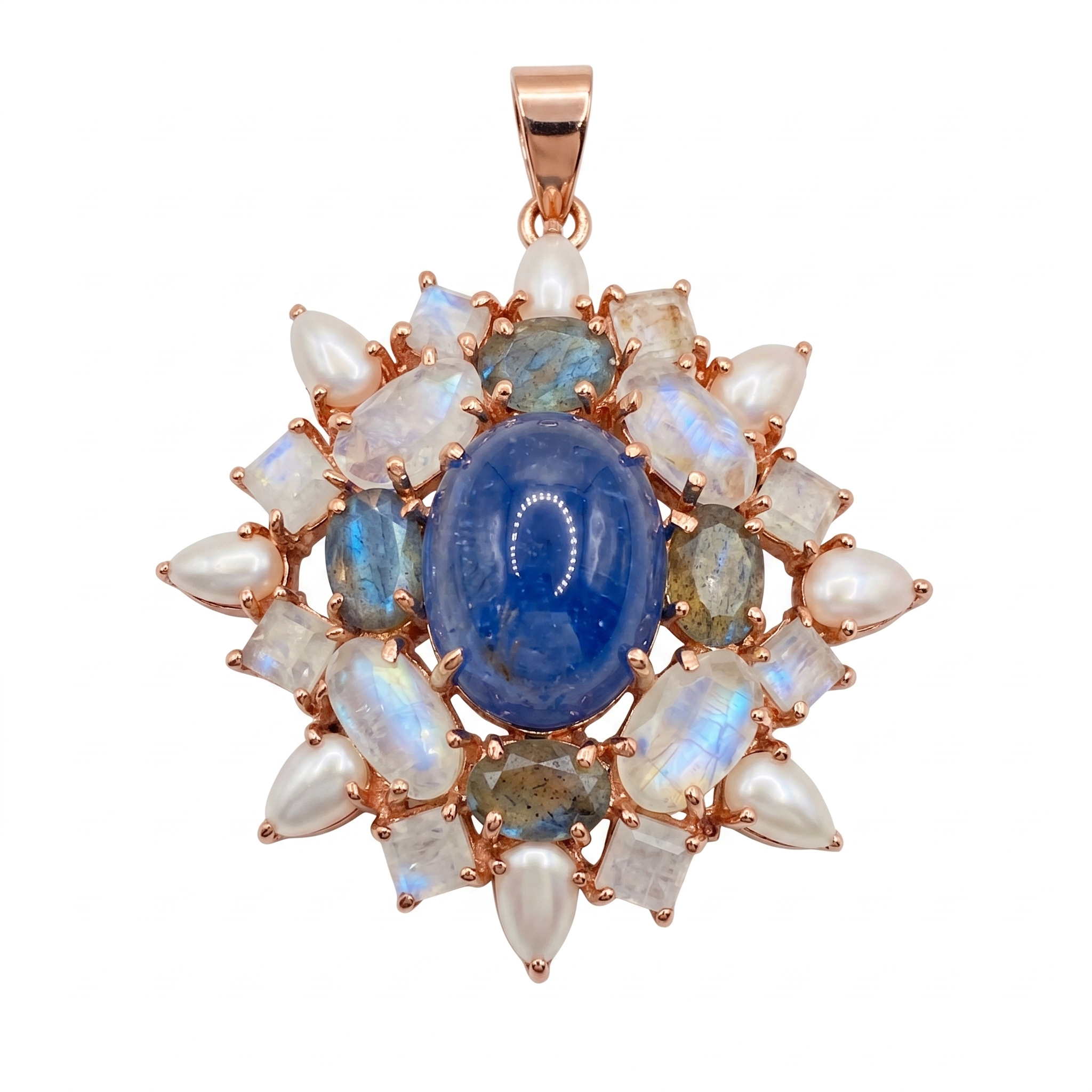 925 Sterling Silver Gold Plated Natural Blue Kyanite, Rainbow Moonstone & Pearl Pendant | Handmade Floral Statement Gemstone Jewelry for Women | Gift for Her Mom Wife