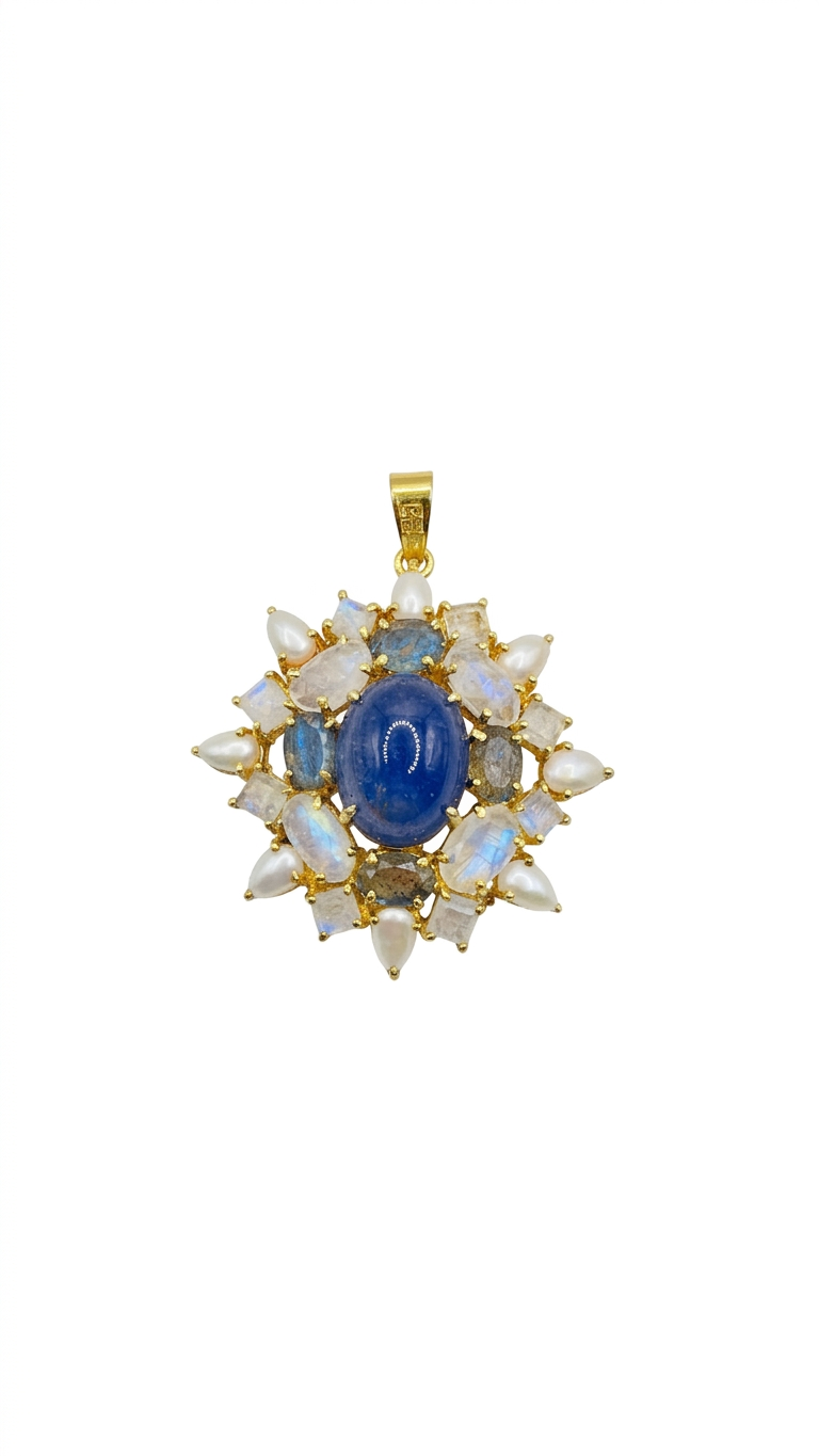 925 Sterling Silver Gold Plated Natural Blue Kyanite, Rainbow Moonstone & Pearl Pendant | Handmade Floral Statement Gemstone Jewelry for Women | Gift for Her Mom Wife