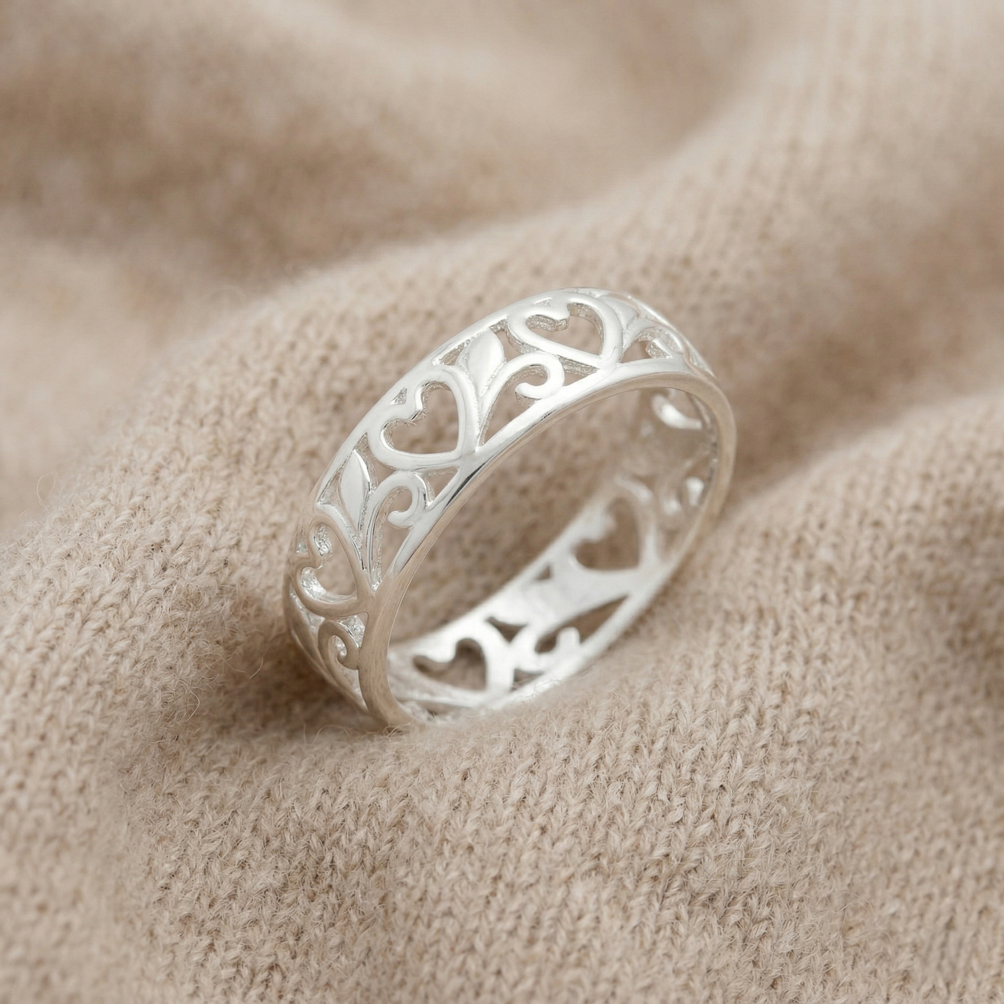 925 Sterling Silver Heart Cutwork Band Ring for Women | Elegant Openwork Stackable Ring