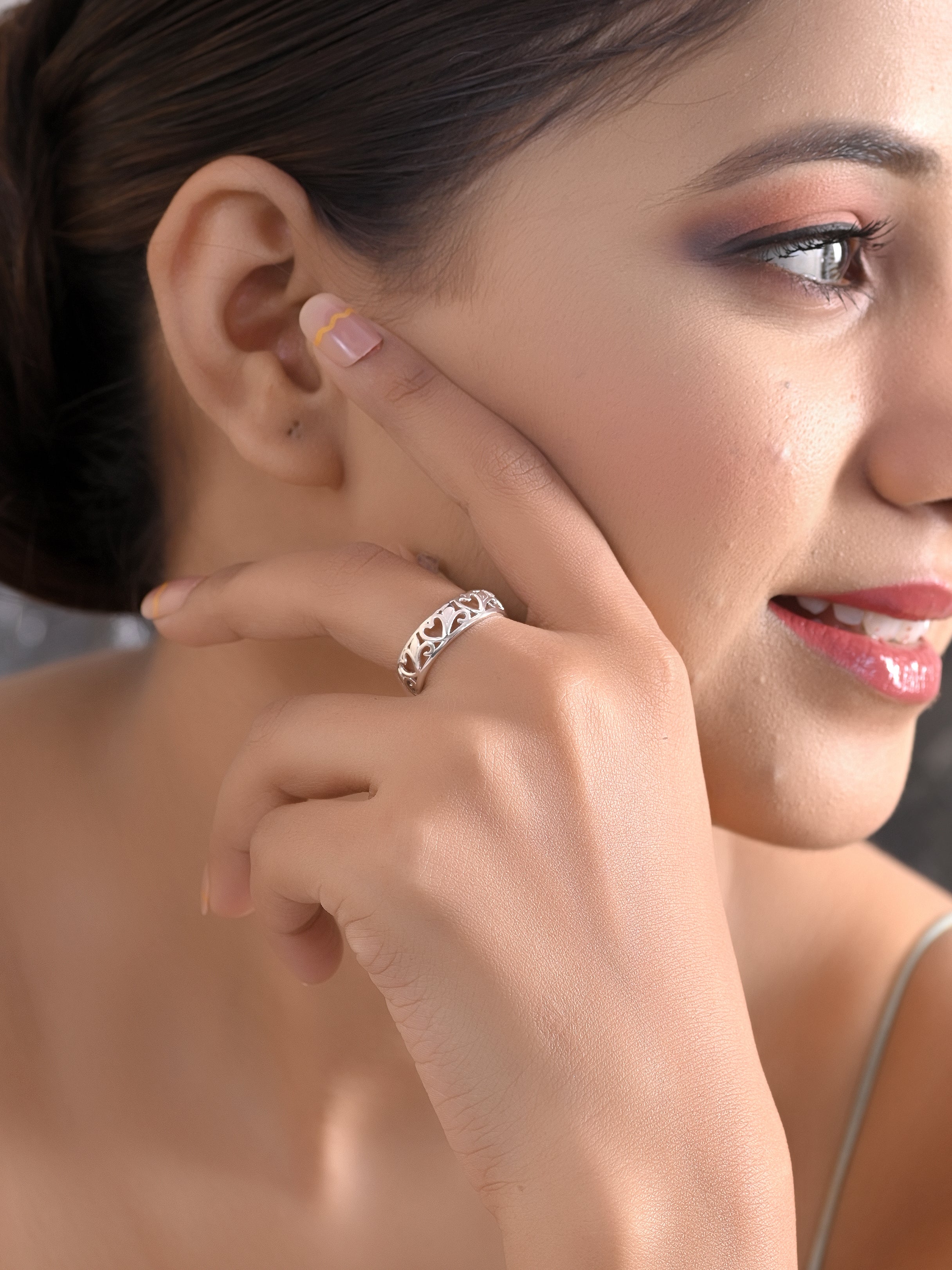 925 Sterling Silver Heart Cutwork Band Ring for Women | Elegant Openwork Stackable Ring