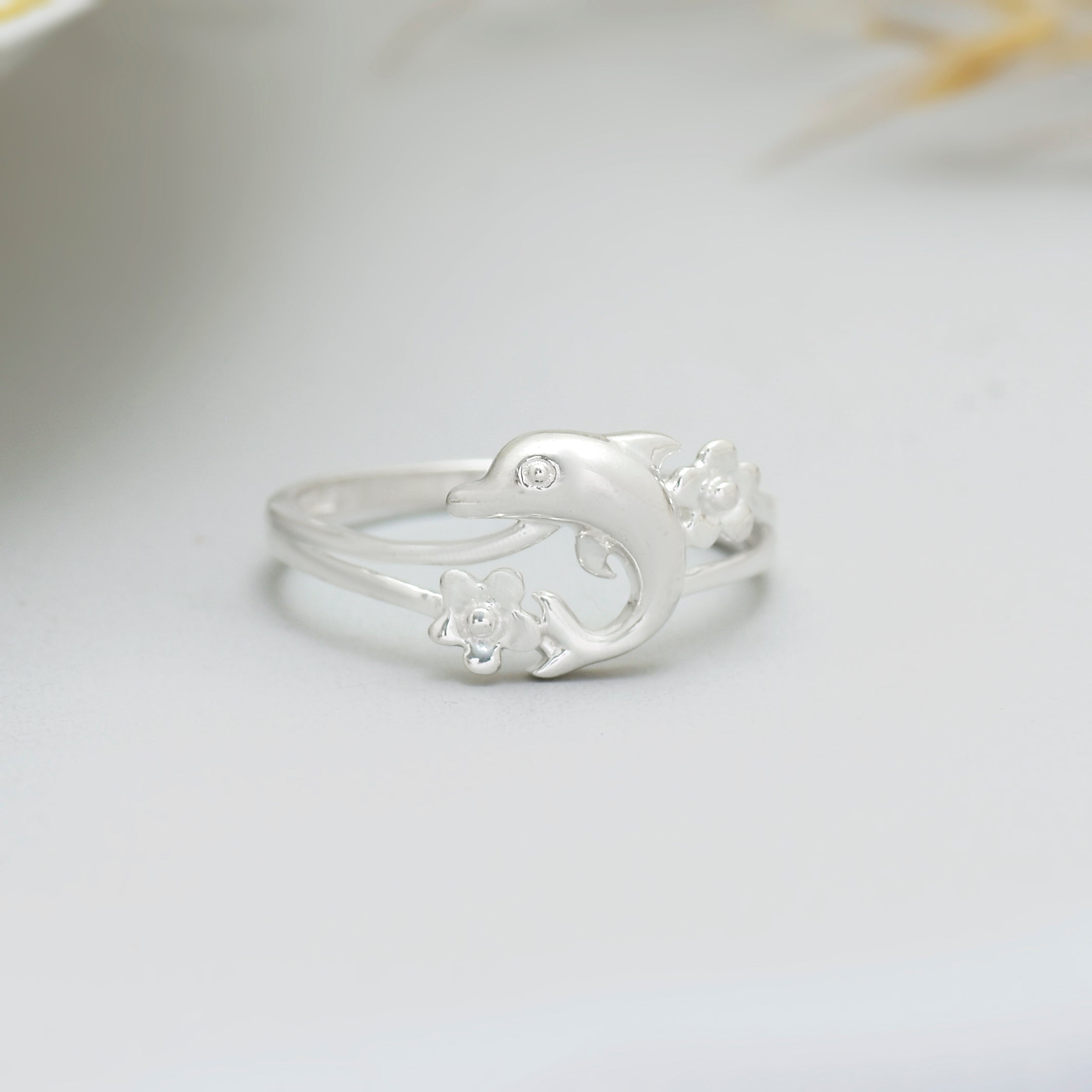925 Silver Dolphin Floral Silver Ring for Women | Minimal Ocean Inspired Open Band Ring | Women's Ring