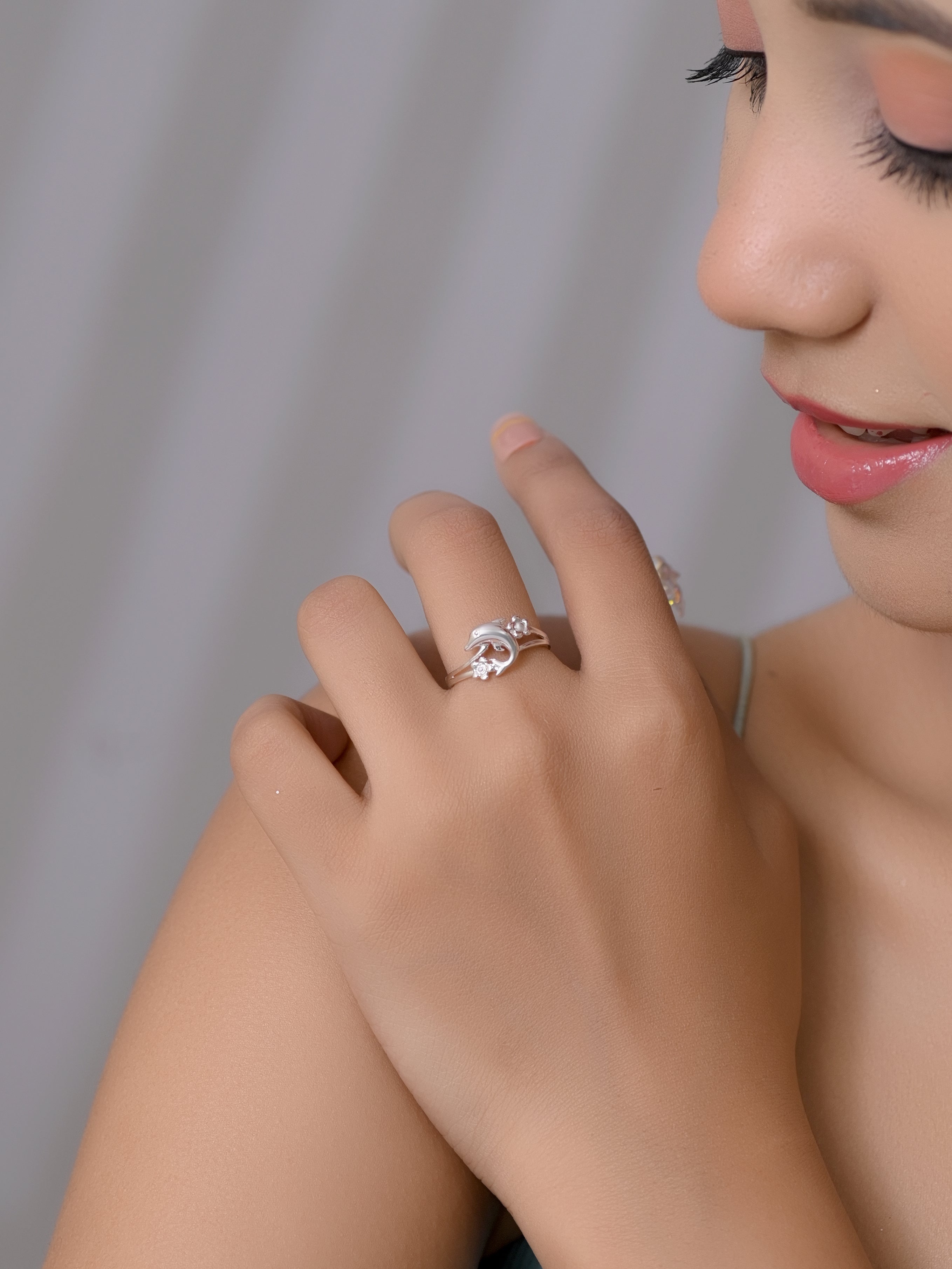 925 Silver Dolphin Floral Silver Ring for Women | Minimal Ocean Inspired Open Band Ring | Women's Ring