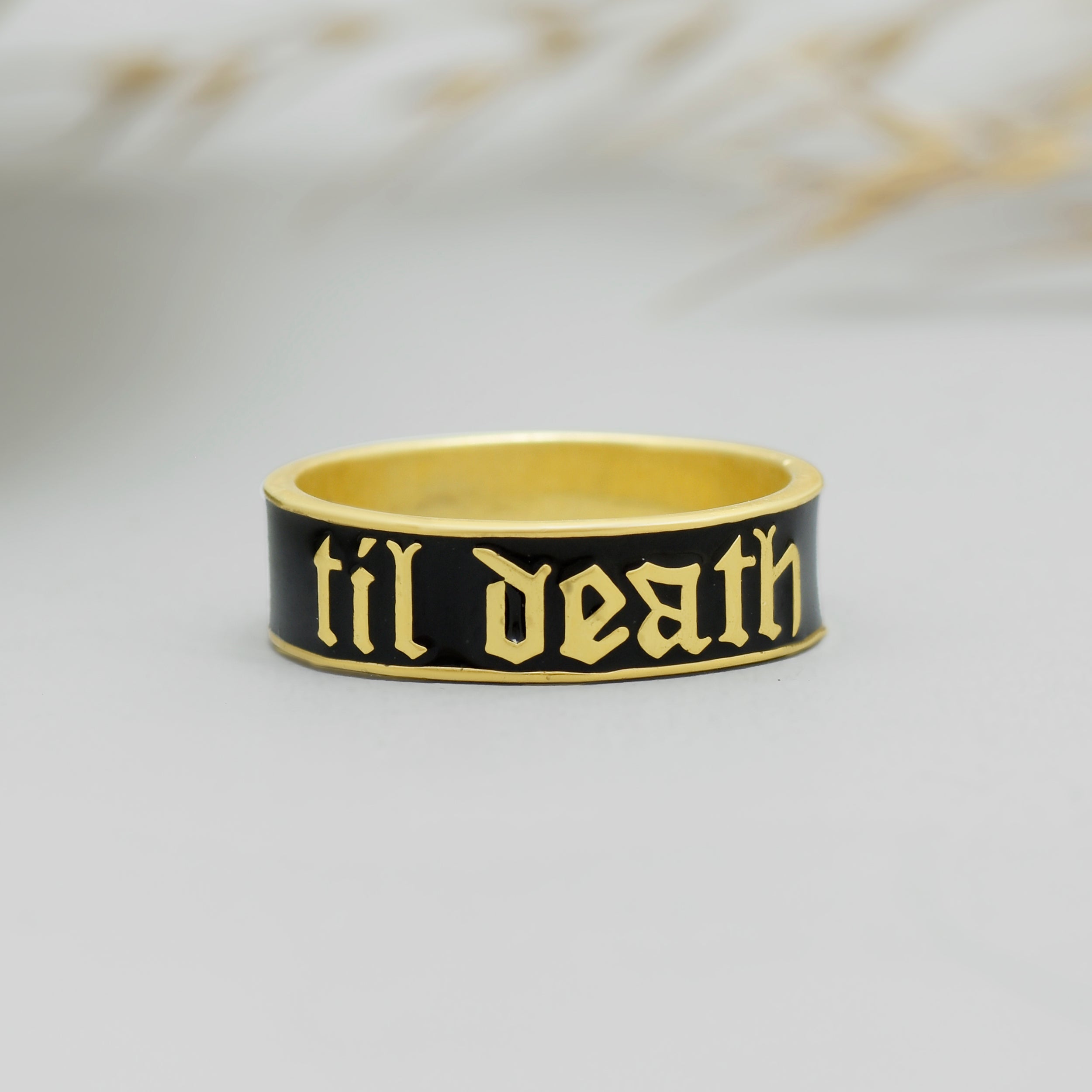 925 Silver "Till Death" Gothic Couple Ring | Black Enamel Gold Plated Band Ring | Minimalist Statement Promise Ring