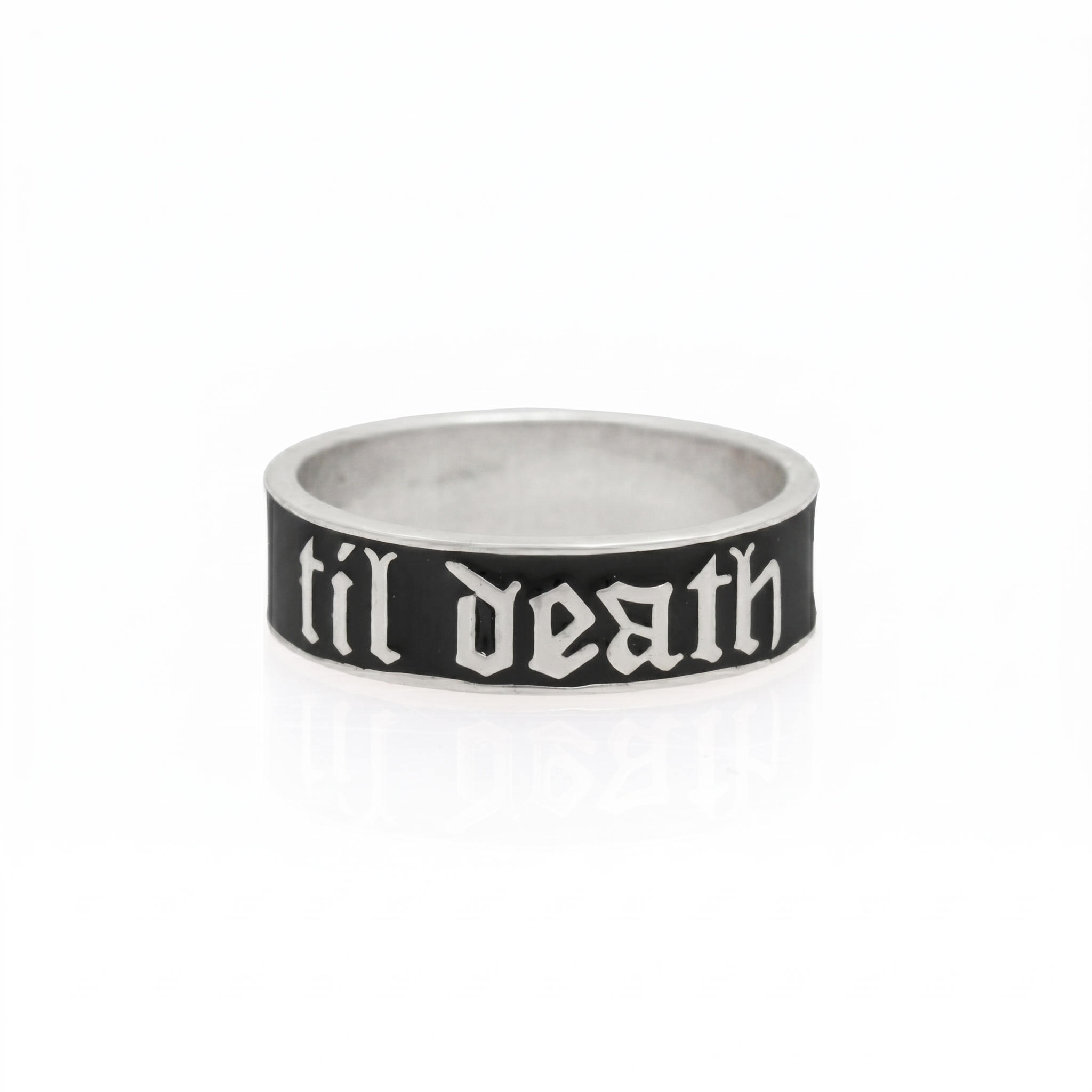 925 Silver "Till Death" Gothic Couple Ring | Black Enamel Gold Plated Band Ring | Minimalist Statement Promise Ring