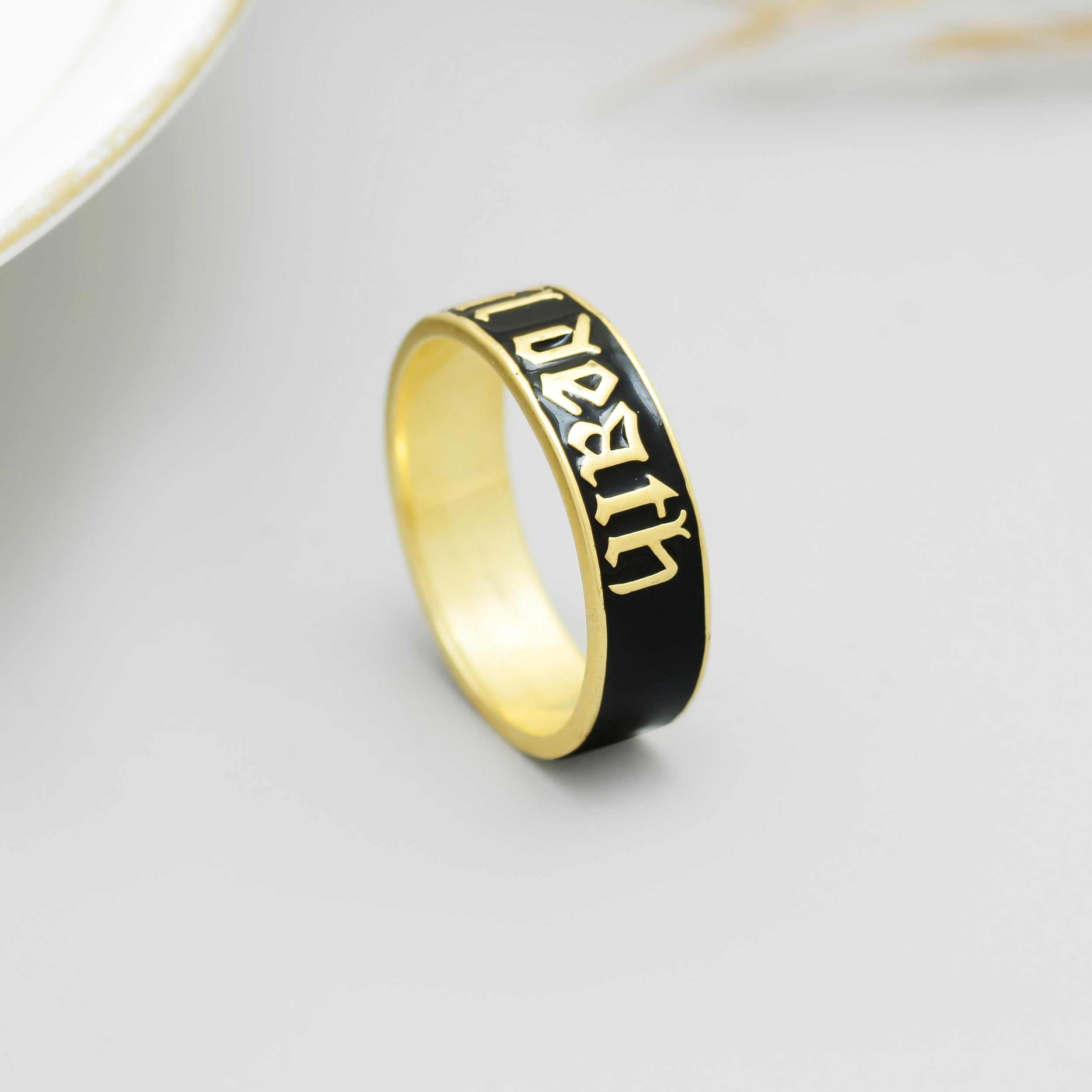 925 Silver "Till Death" Gothic Couple Ring | Black Enamel Gold Plated Band Ring | Minimalist Statement Promise Ring
