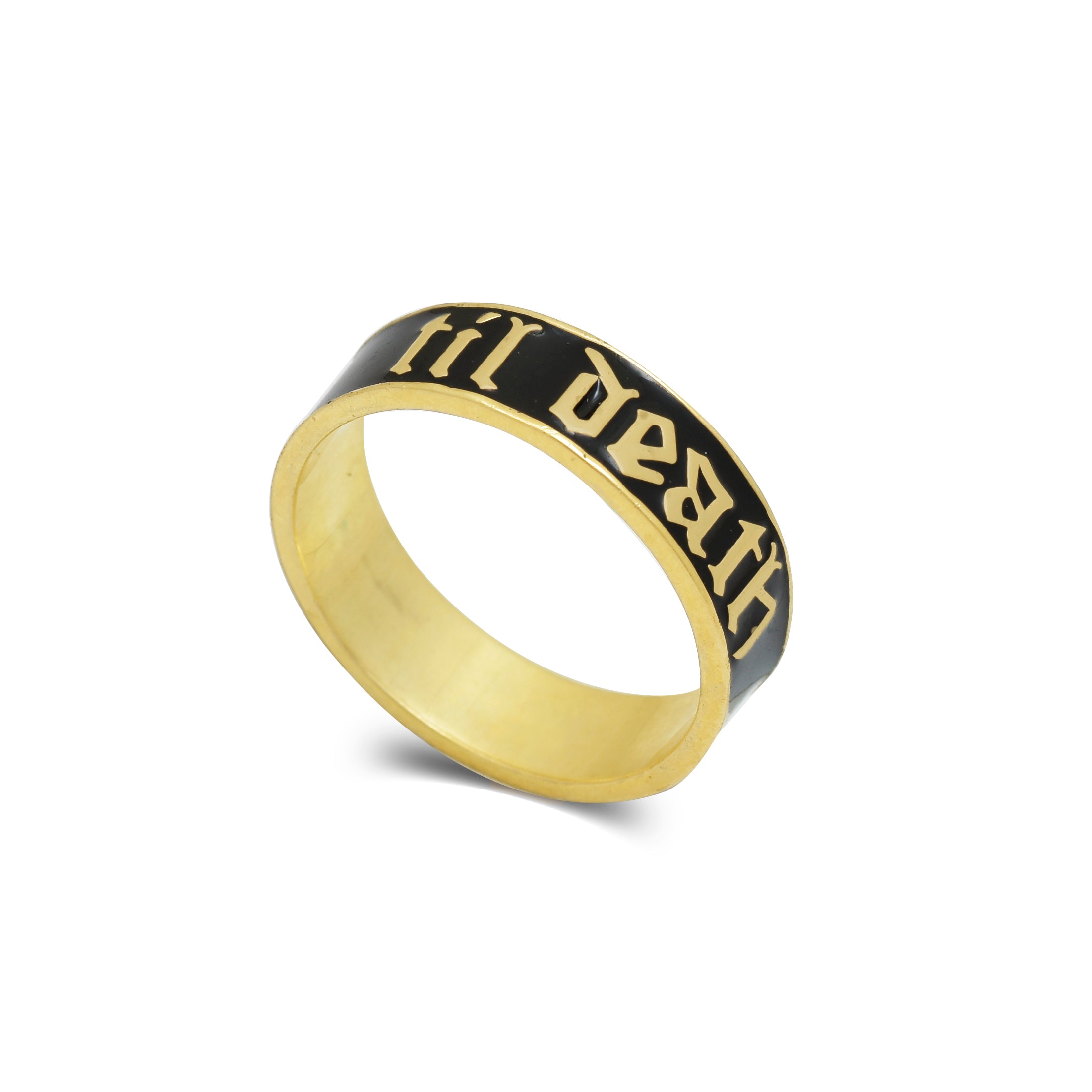925 Silver "Till Death" Gothic Couple Ring | Black Enamel Gold Plated Band Ring | Minimalist Statement Promise Ring