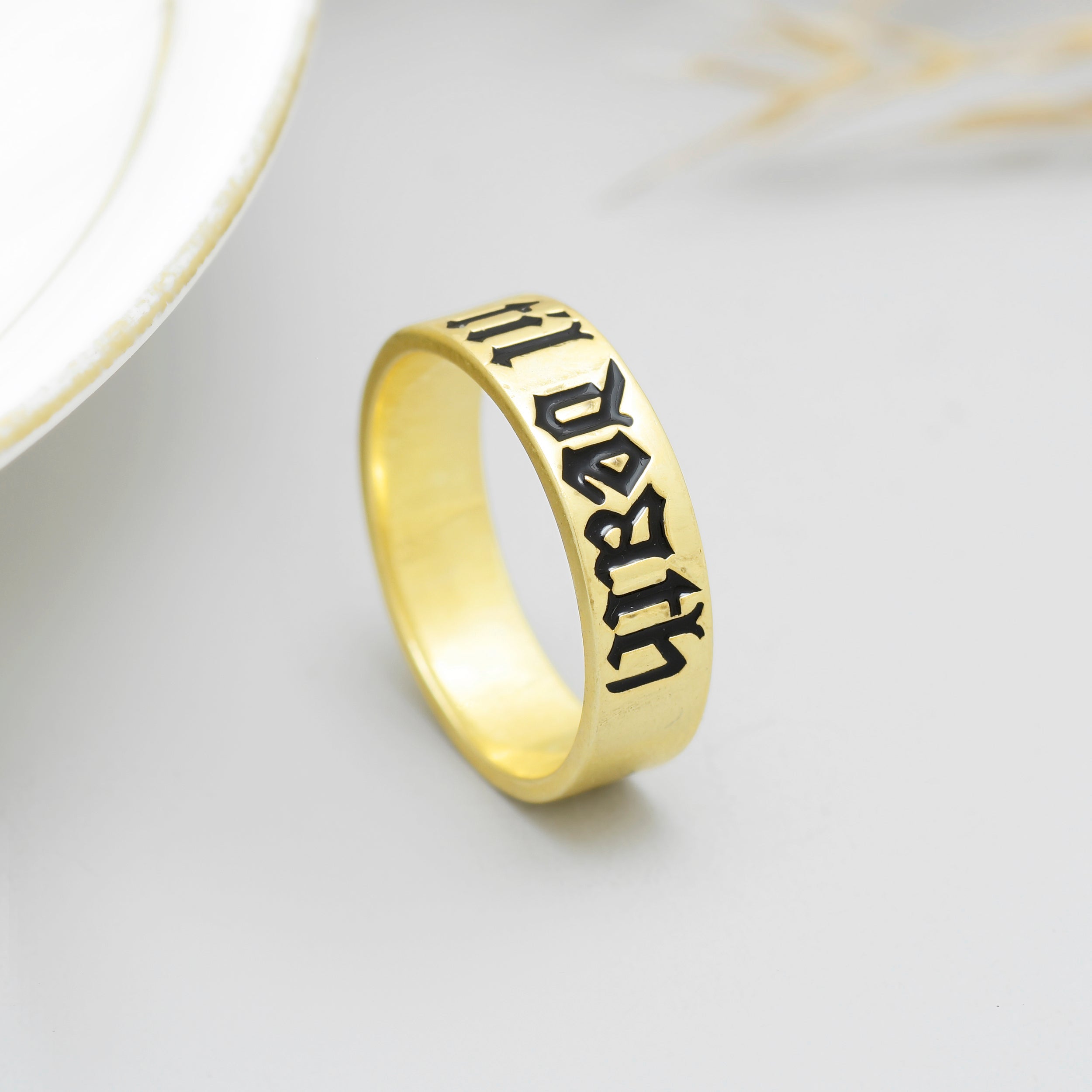 925 Silver Till Death Gothic Gold Plated Band Ring | Minimalist Black Letter Engraved Statement Ring | Unisex Couple Jewelry