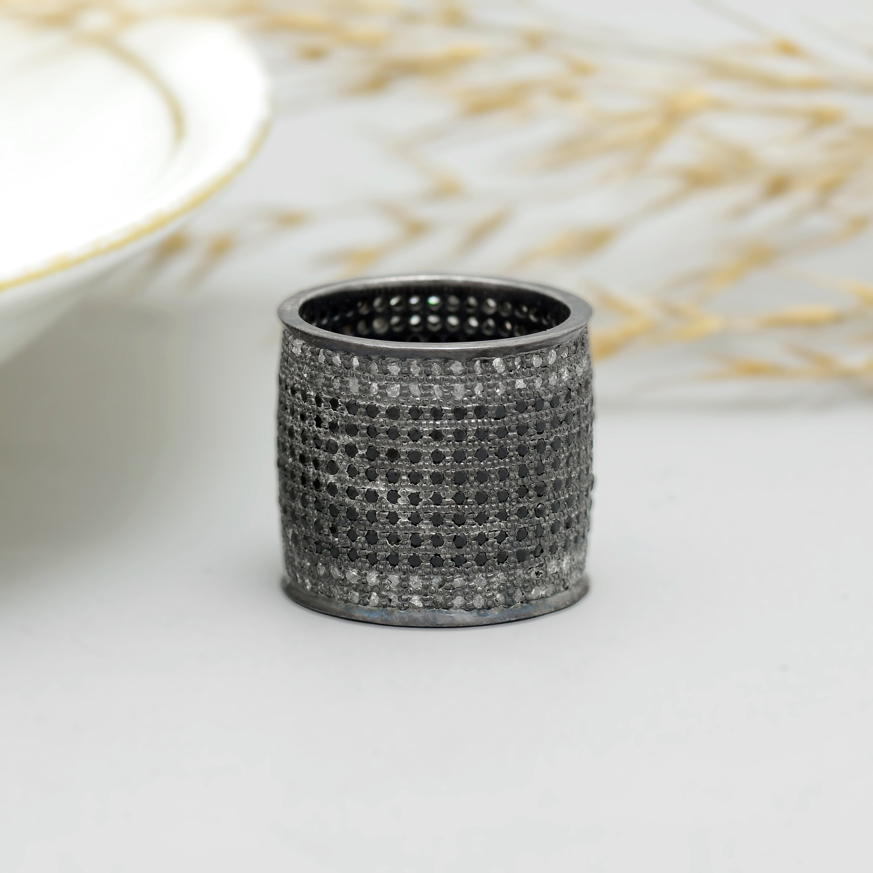 925 Silver Black Rhodium Wide Band Ring with Black & White Diamond Micro Pave | Luxury Statement Ring for Women | Women's Jewelry
