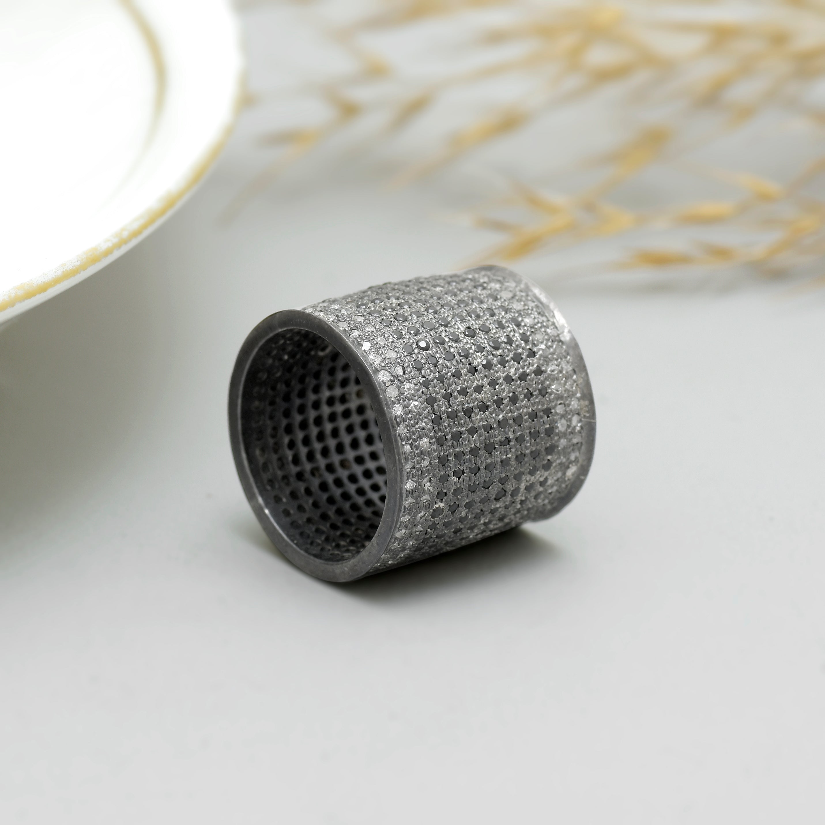925 Silver Black Rhodium Wide Band Ring with Black & White Diamond Micro Pave | Luxury Statement Ring for Women | Women's Jewelry