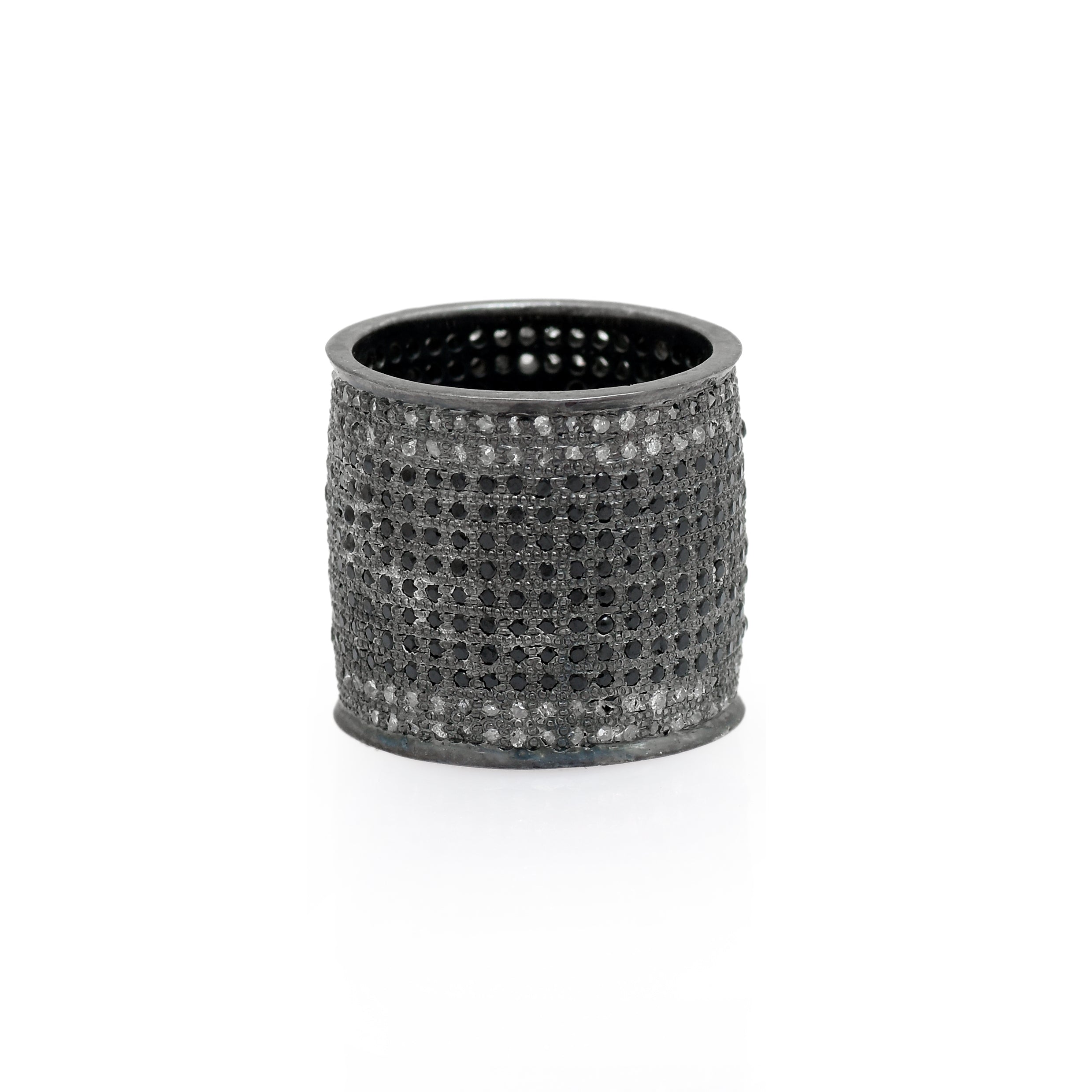 925 Silver Black Rhodium Wide Band Ring with Black & White Diamond Micro Pave | Luxury Statement Ring for Women | Women's Jewelry