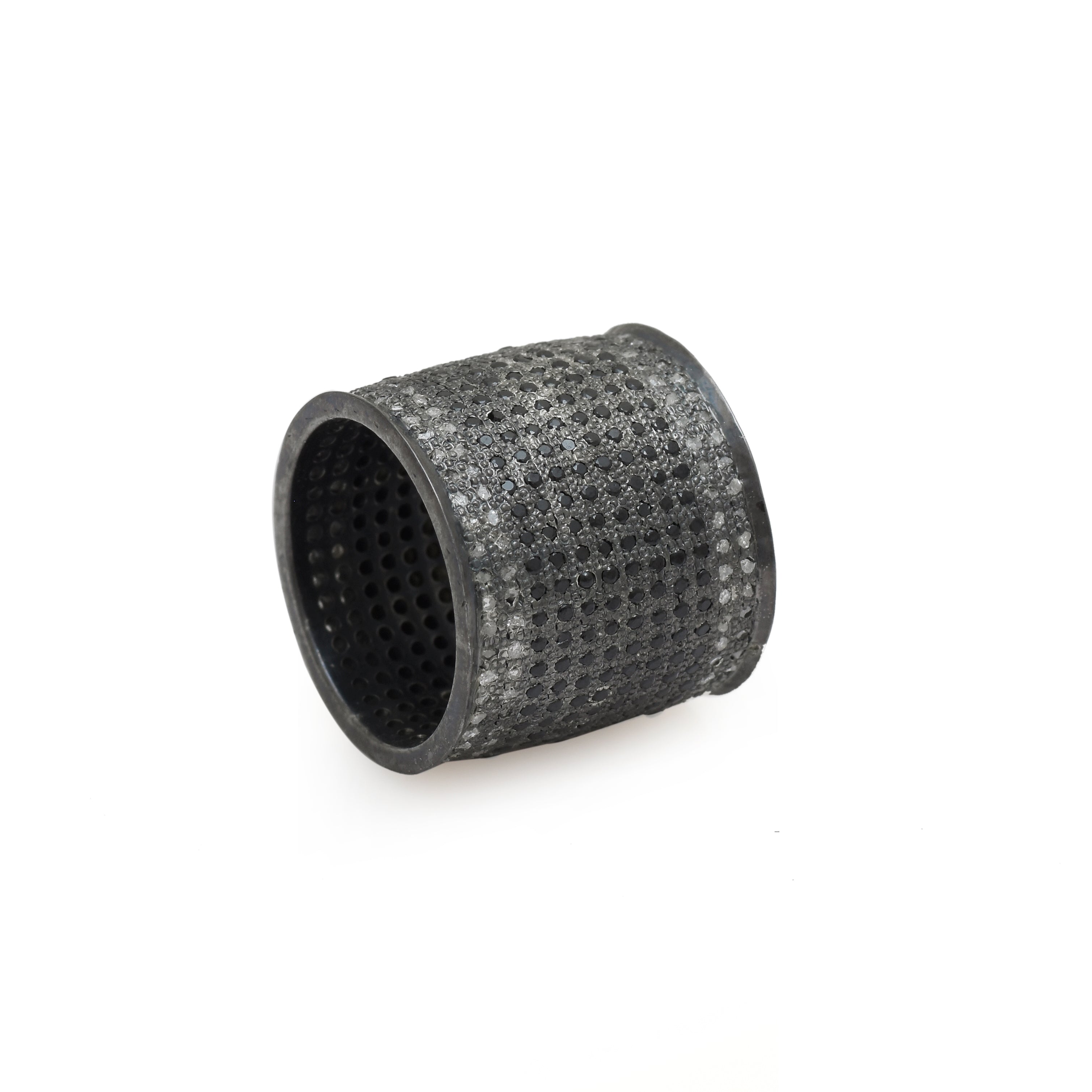 925 Silver Black Rhodium Wide Band Ring with Black & White Diamond Micro Pave | Luxury Statement Ring for Women | Women's Jewelry