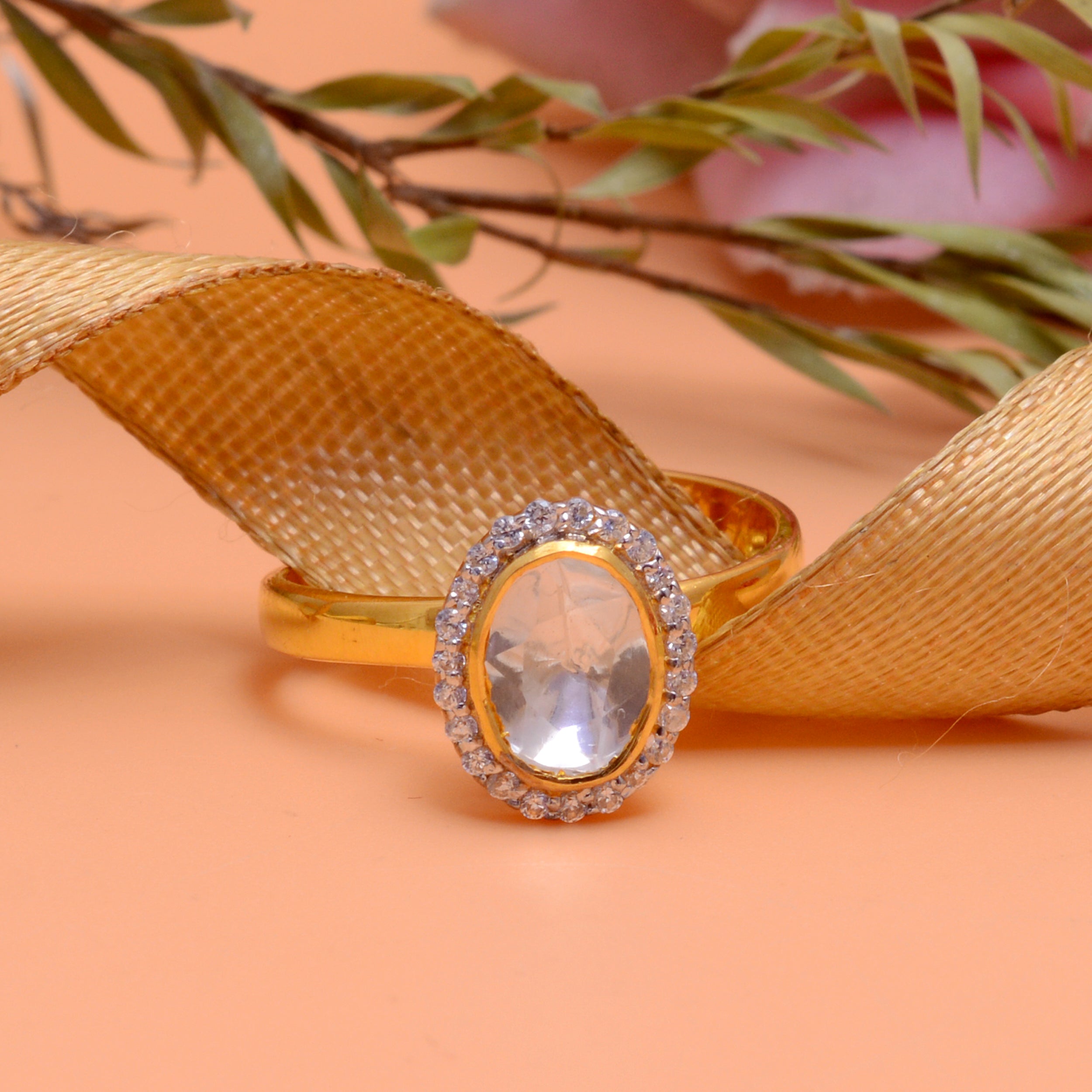 925 Silver Gold Plated Oval Crystal Halo Ring | Adjustable Statement Ring for Women | Gift for Her
