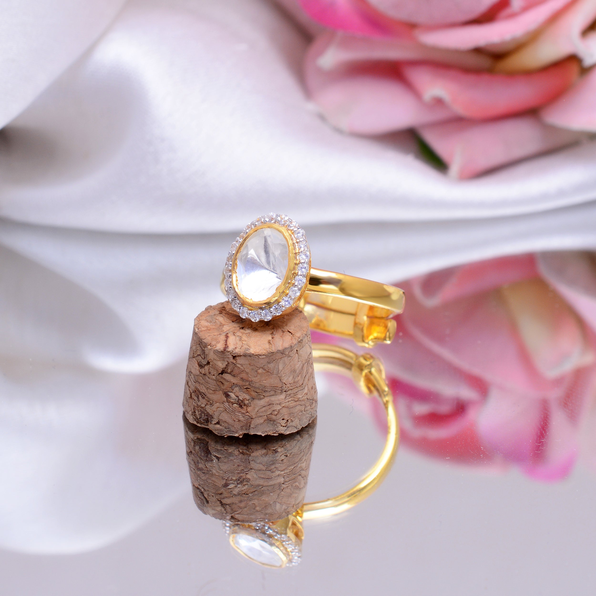 925 Silver Gold Plated Oval Crystal Halo Ring | Adjustable Statement Ring for Women | Gift for Her