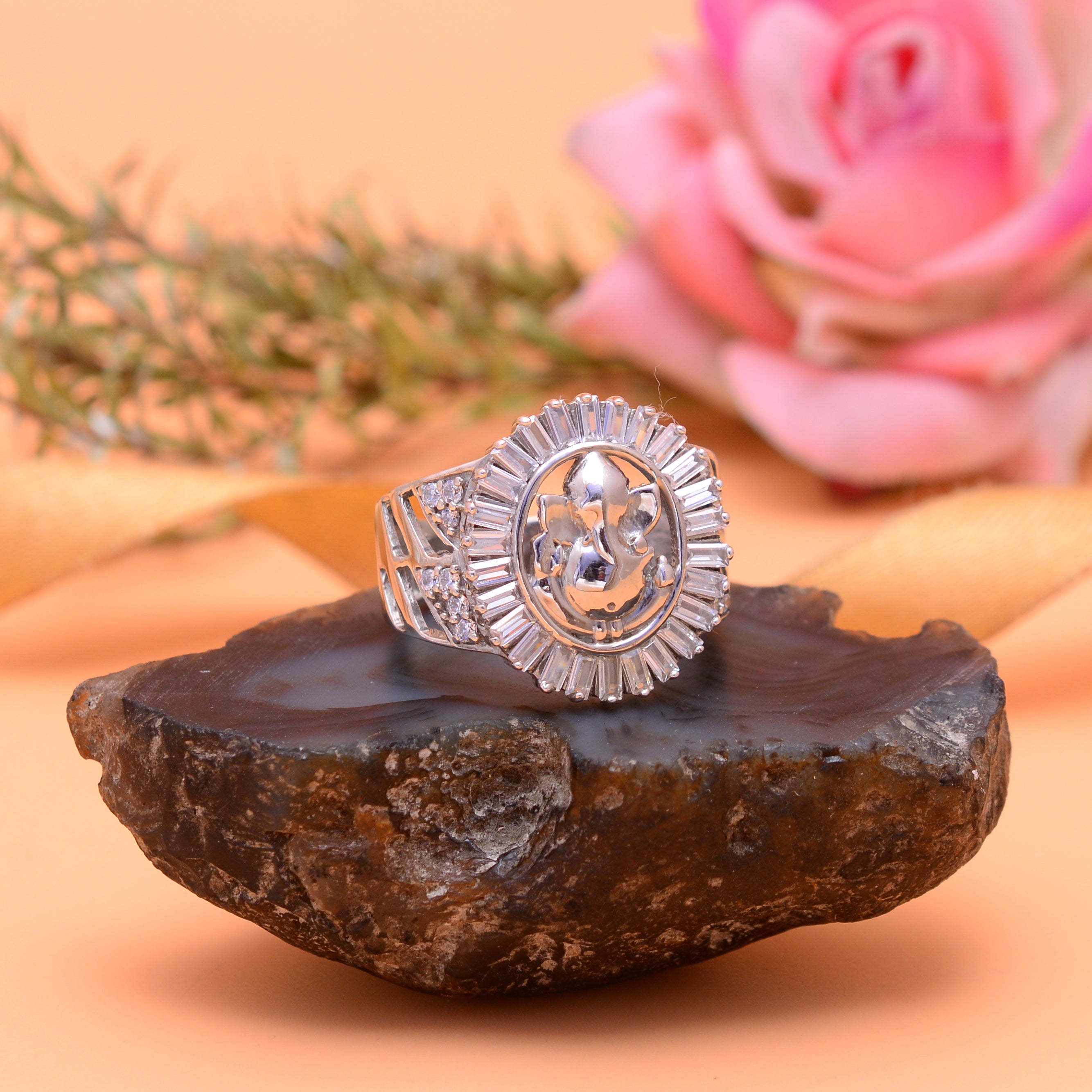 925 Sterling Silver Lord Ganesha Ring for Men & Women | CZ Diamond Halo Ganpati Ring | Spiritual Statement Jewelry