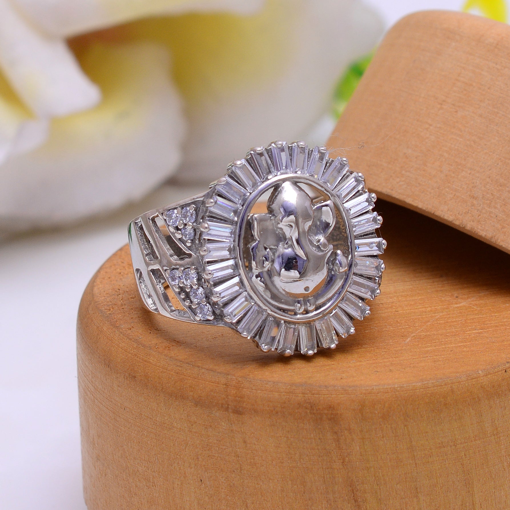 925 Sterling Silver Lord Ganesha Ring for Men & Women | CZ Diamond Halo Ganpati Ring | Spiritual Statement Jewelry