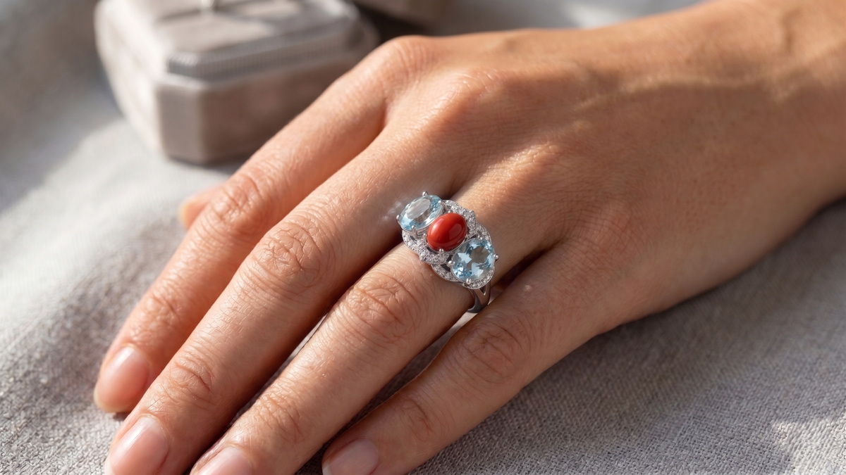 Handmade Natural Red Coral & Sky Blue Topaz Ring in 925 Sterling Silver, Vintage Cocktail Ring for Women, December Birthstone Jewelry, Luxury Anniversary Gift, Elegant Designer Silver Ring