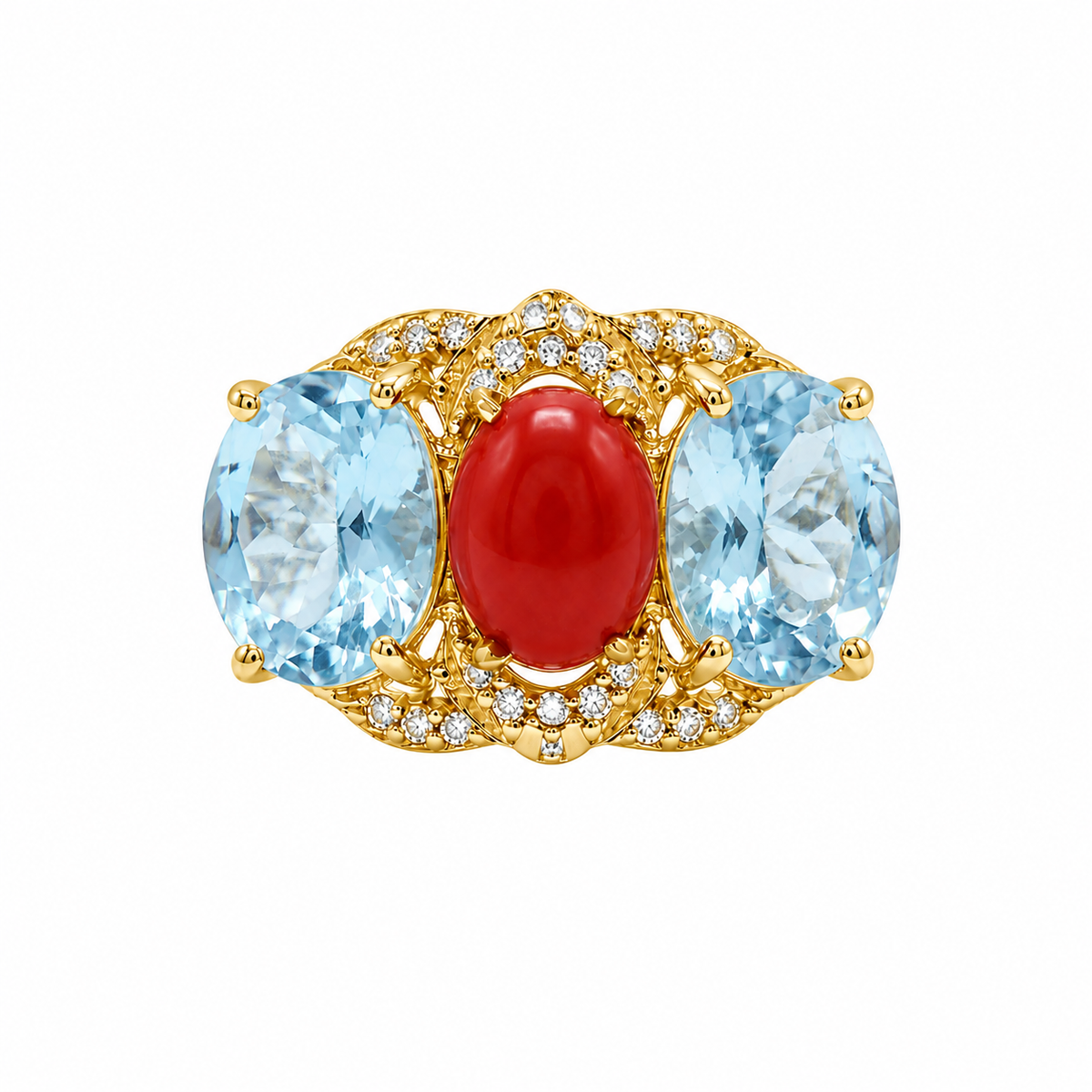 Handmade Natural Red Coral & Sky Blue Topaz Ring in 925 Sterling Silver, Vintage Cocktail Ring for Women, December Birthstone Jewelry, Luxury Anniversary Gift, Elegant Designer Silver Ring