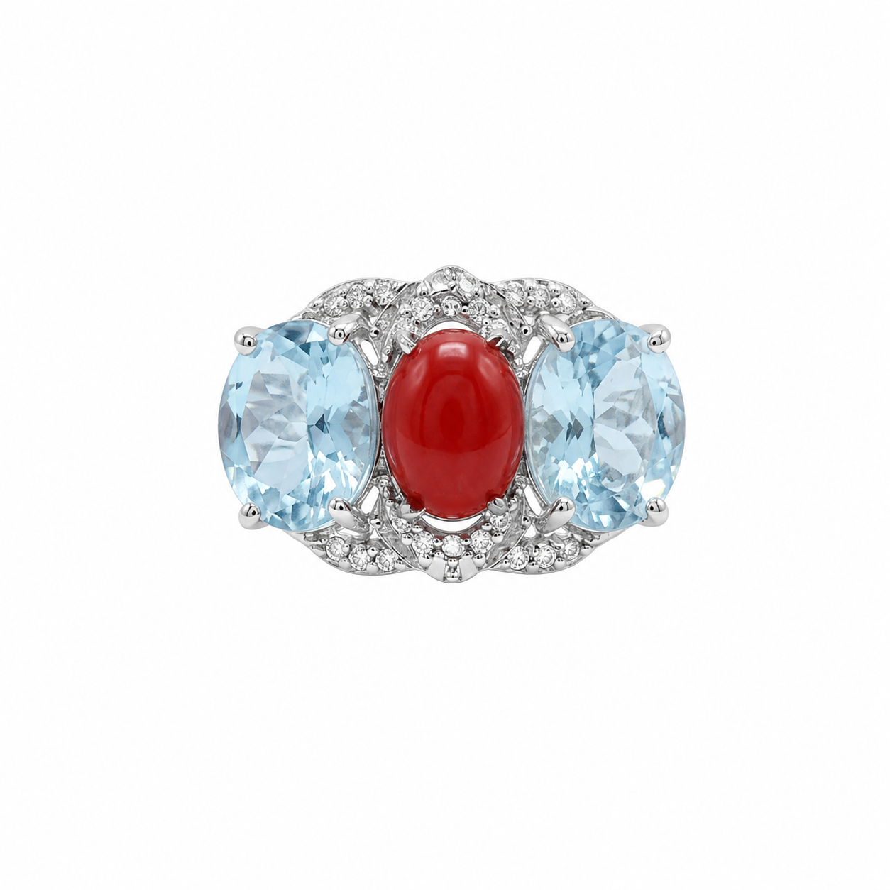 Handmade Natural Red Coral & Sky Blue Topaz Ring in 925 Sterling Silver, Vintage Cocktail Ring for Women, December Birthstone Jewelry, Luxury Anniversary Gift, Elegant Designer Silver Ring