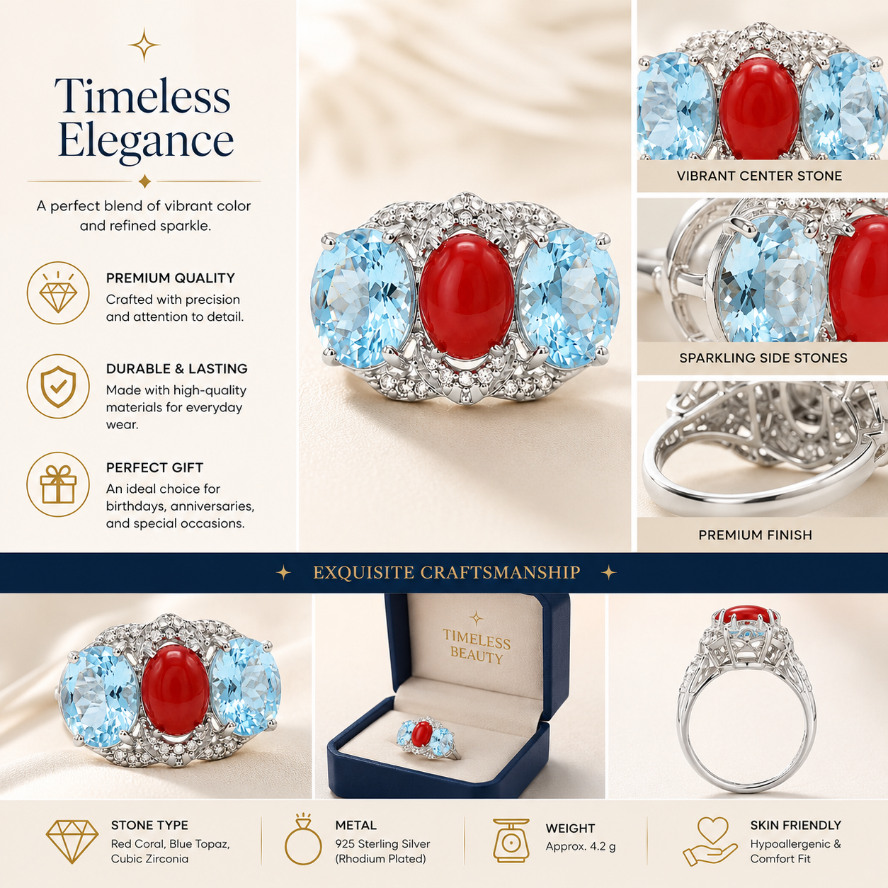 Handmade Natural Red Coral & Sky Blue Topaz Ring in 925 Sterling Silver, Vintage Cocktail Ring for Women, December Birthstone Jewelry, Luxury Anniversary Gift, Elegant Designer Silver Ring