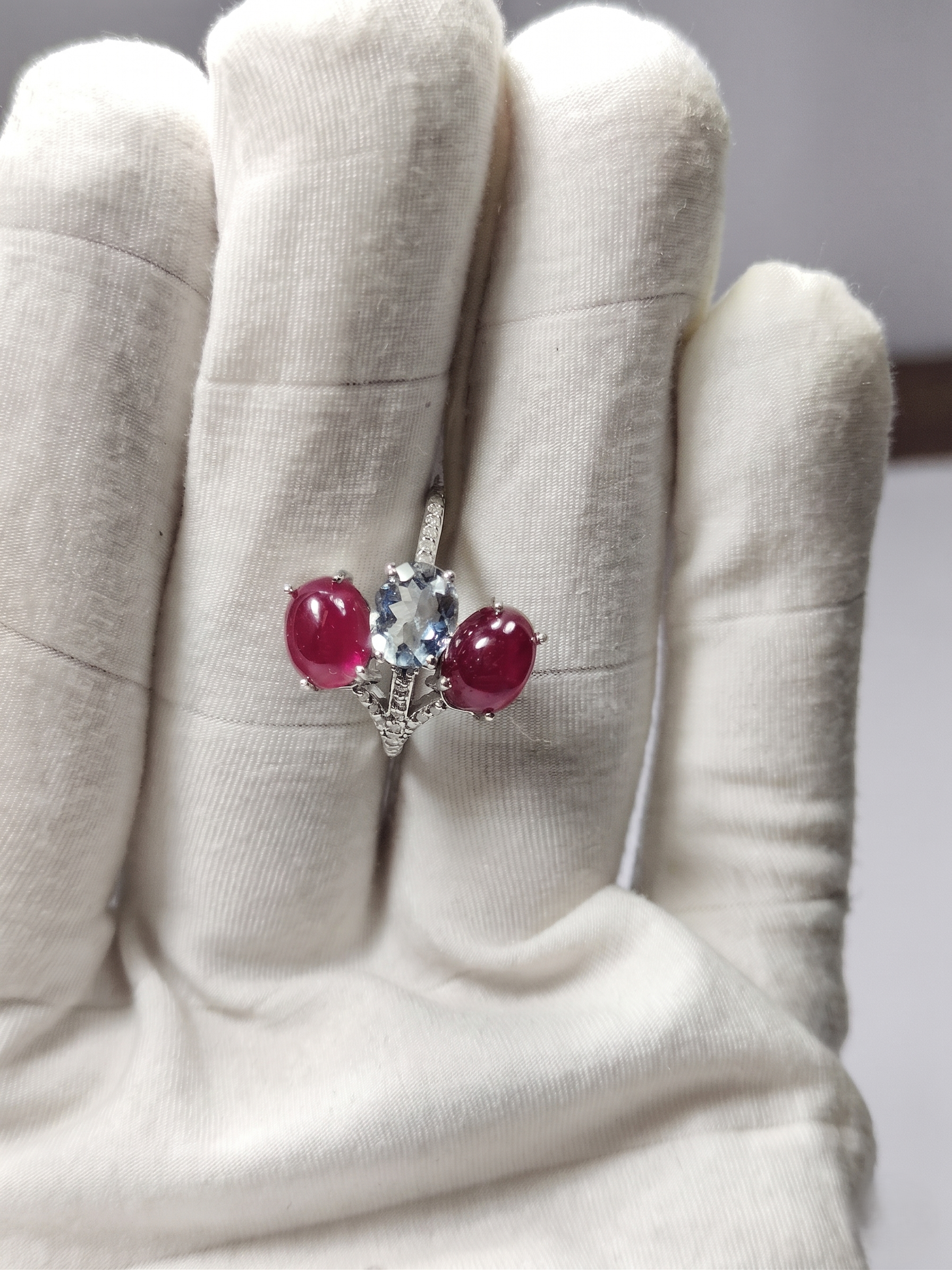 925 Sterling Silver Ruby Red & Sky Blue Three Stone Ring for Women | Oval Cut Gemstone Statement Ring with Cubic Zirconia | Elegant Cocktail Jewelry