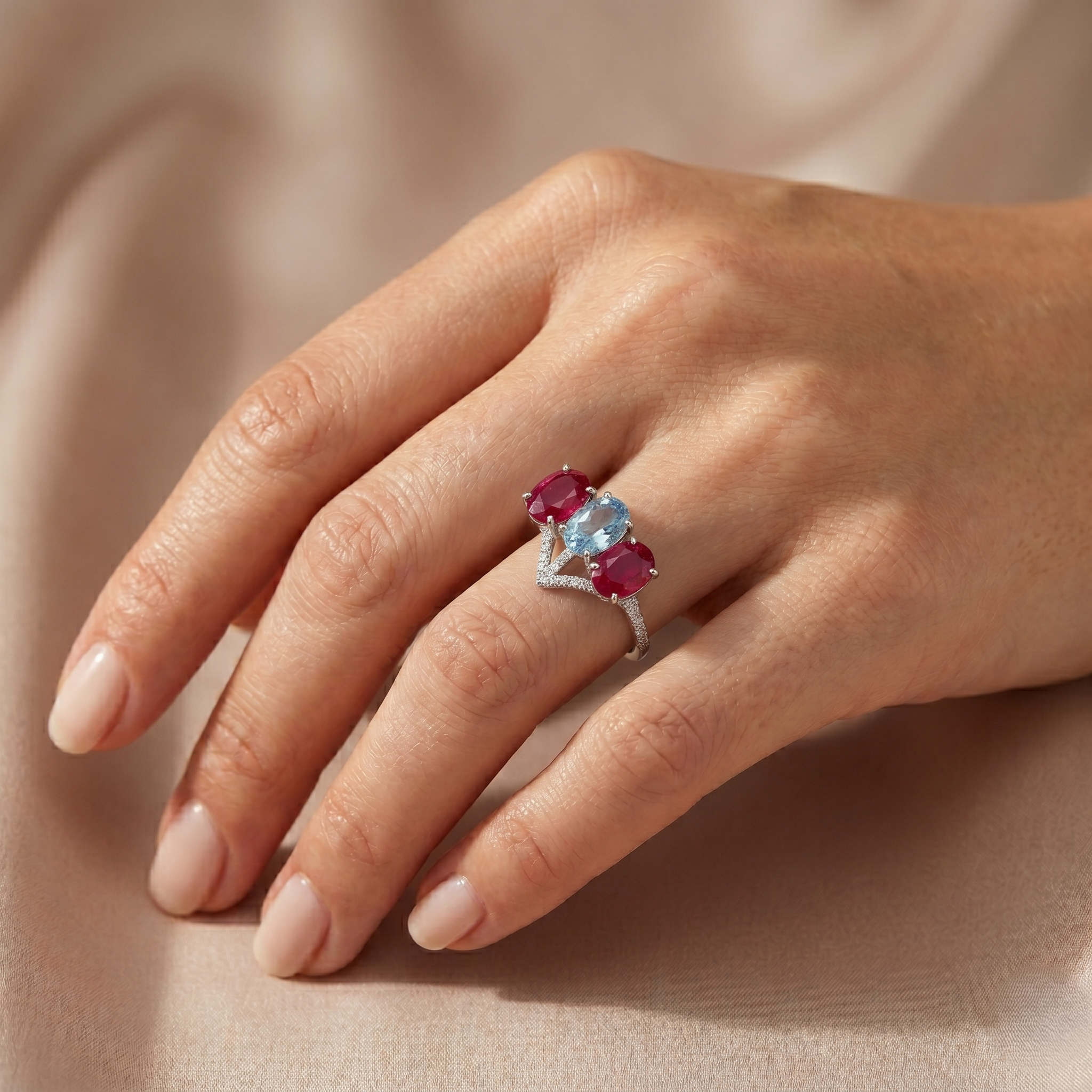 925 Sterling Silver Ruby Red & Sky Blue Three Stone Ring for Women | Oval Cut Gemstone Statement Ring with Cubic Zirconia | Elegant Cocktail Jewelry