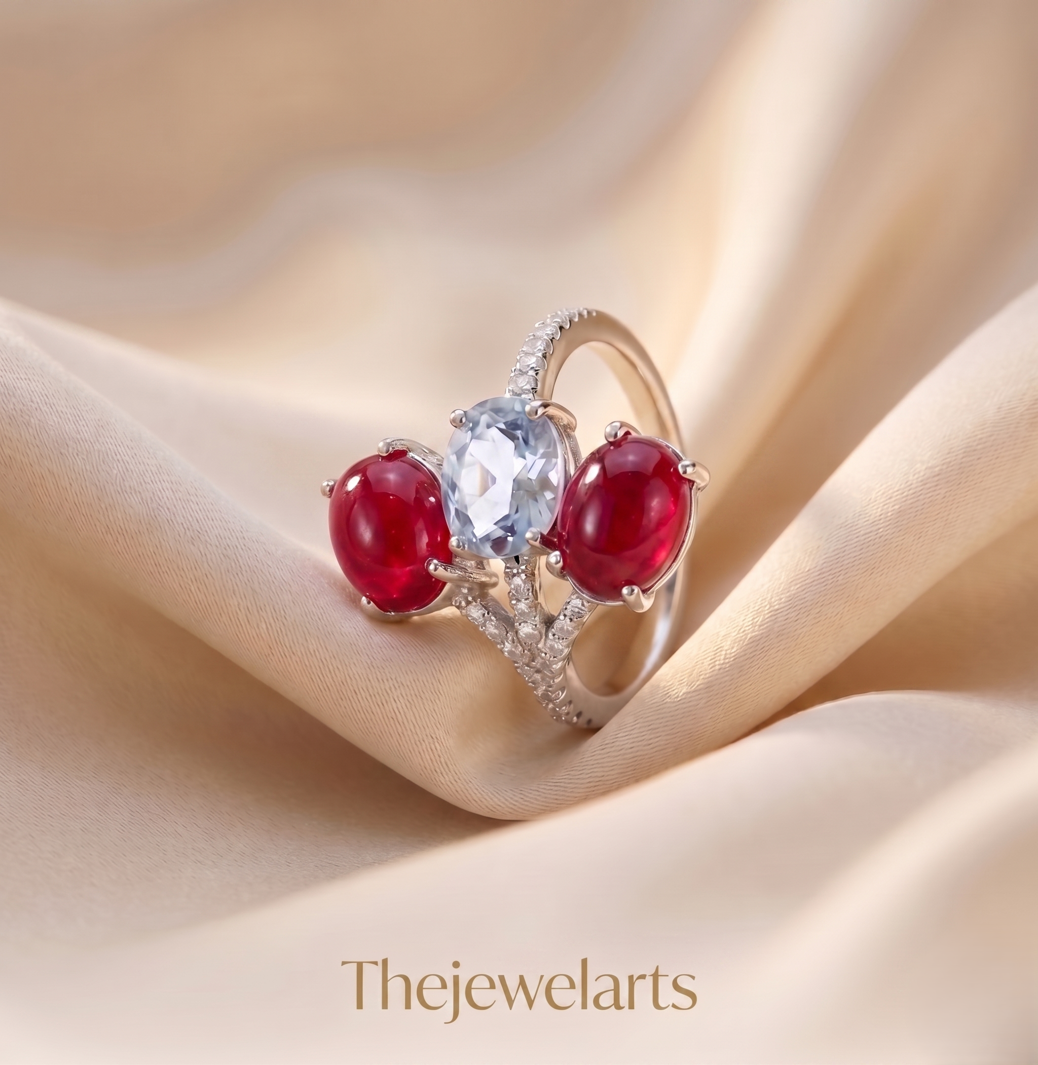 925 Sterling Silver Ruby Red & Sky Blue Three Stone Ring for Women | Oval Cut Gemstone Statement Ring with Cubic Zirconia | Elegant Cocktail Jewelry