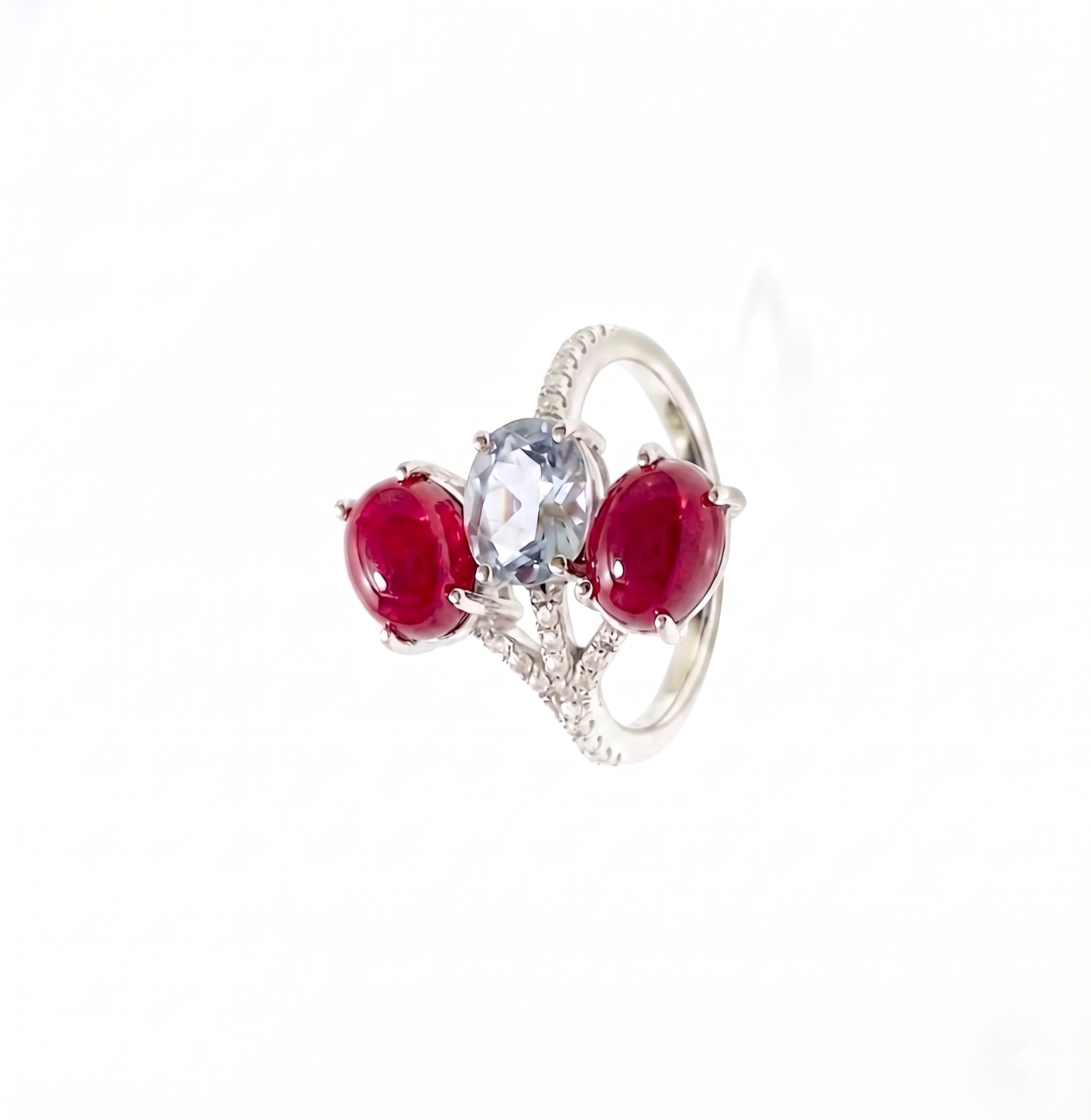 925 Sterling Silver Ruby Red & Sky Blue Three Stone Ring for Women | Oval Cut Gemstone Statement Ring with Cubic Zirconia | Elegant Cocktail Jewelry