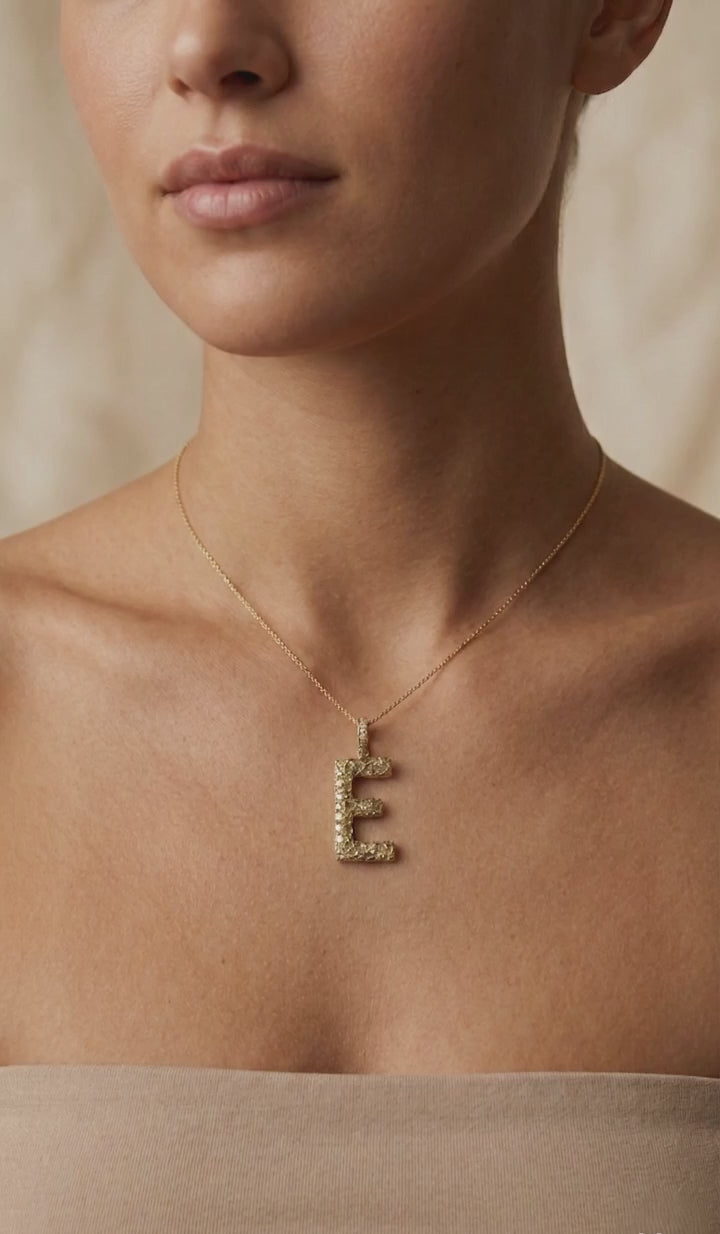 925 Sterling Silver Gold Plated Initial E Pendant | Natural Raw Diamond Letter Pendant | Personalized Alphabet Jewelry for Women | Gift for Mom Wife Her