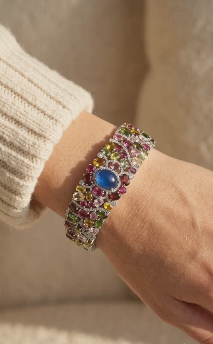 Natural Multi Tourmaline Bracelet for Women in 925 Sterling Silver | Handmade Gemstone Bracelet | Oval Cut Tourmaline Jewelry | Statement Bracelet | Healing Crystal Gift