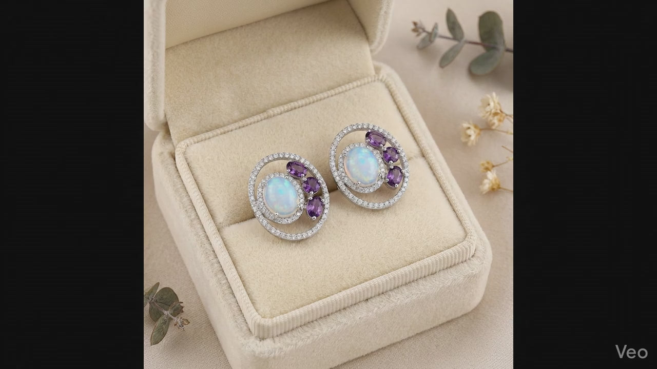 Natural Ethiopian Opal & Amethyst Stud Earrings for Women 925 Sterling Silver Halo Earrings Handmade Gemstone Jewelry Vintage Designer Earrings Gift for Her Wedding Anniversary Everyday Wear, Natural Opal Amethyst Earrings