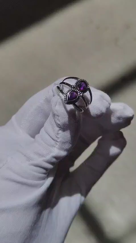 Vintage Boho 925 Sterling Silver Double Amethyst Ring – Pear & Round Two-Stone Statement Ring | Women's Ring | Gift for Her