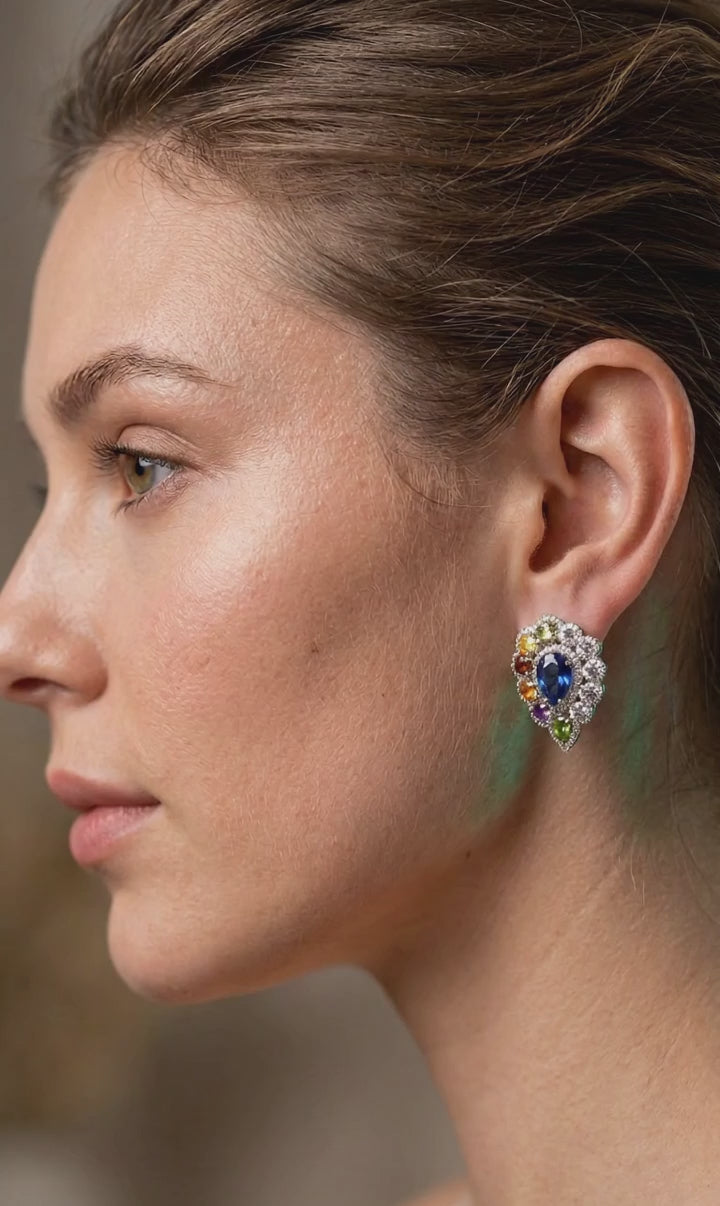 Natural Blue Sapphire & Multi Gemstone Stud Earrings in 925 Sterling Silver | Rainbow Gemstone Halo Earrings | Statement Birthstone Jewelry for Women | Bridal Jewelry