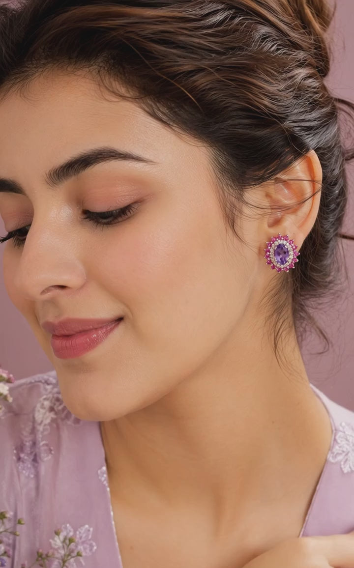 Floral Statement Jewelry, Natural Amethyst & Pink Sapphire Halo Stud Earrings for Women 925 Sterling Silver Designer Gemstone Earrings Vintage Wedding Anniversary Gift for Her Everyday Luxury Wear, Natural Amethyst Pink Sapphire Earrings