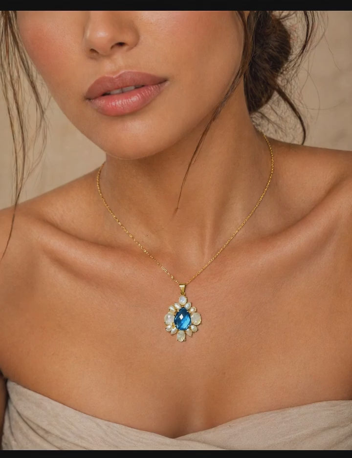 925 Sterling Silver Gold Plated Blue Topaz & Rainbow Moonstone Floral Pendant | Natural Gemstone Statement Jewelry for Women | Gift for Her Mom Wife Girlfriend