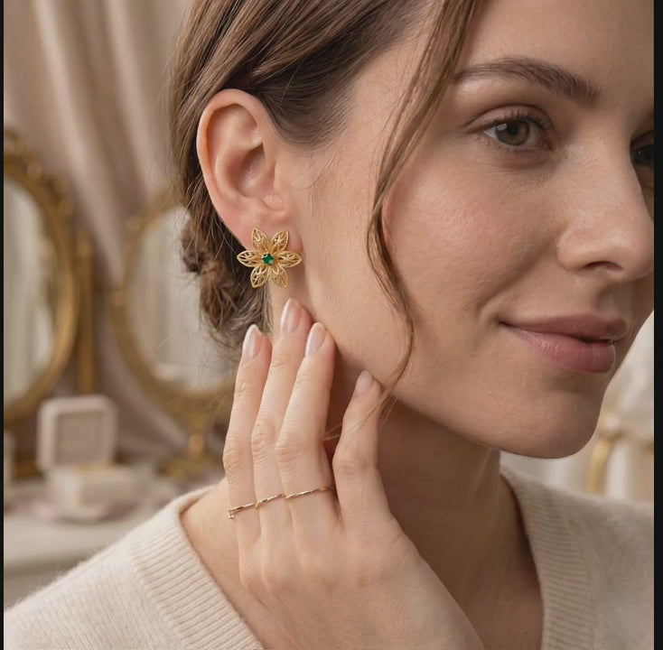 Emerald Flower Stud Earrings for Women 925 Sterling Silver Gold Plated Handmade Floral Filigree Earrings Green Gemstone Jewelry Gift for Her Everyday Wear Luxury Designer Earrings, Natural Emerald Gemstone Stud Earrings, Romantic jewelry