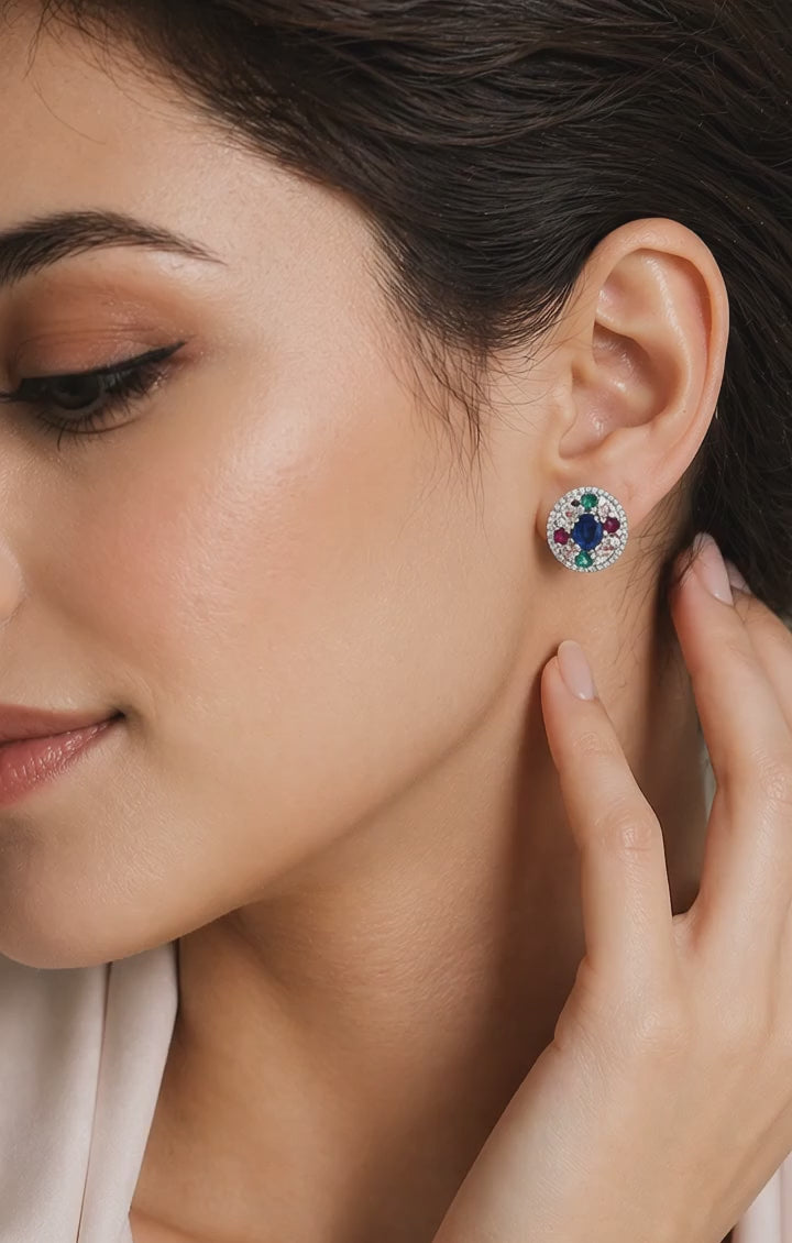 Halo Earrings, Natural Blue Sapphire & Multi-Gemstone Stud Earrings | 925 Sterling Silver Gold Plated | Luxury Statement Jewelry for Women