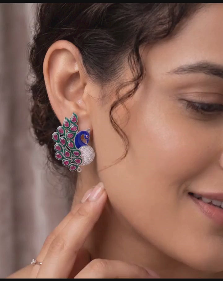 925 Sterling Silver Peacock Earrings for Women | Ruby Pink CZ & Enamel Designer Stud Earrings | Traditional Peacock Jewelry